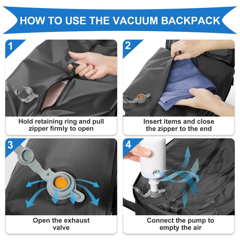 coowoz Travel Backpack with Vacuum System For Women Men,Vacuum Backpack Travel with Pump,Carry On Backpack,Personal Item Backpack Waterproof Outdoor Sports Rucksack Casual Daypack,30L,Black