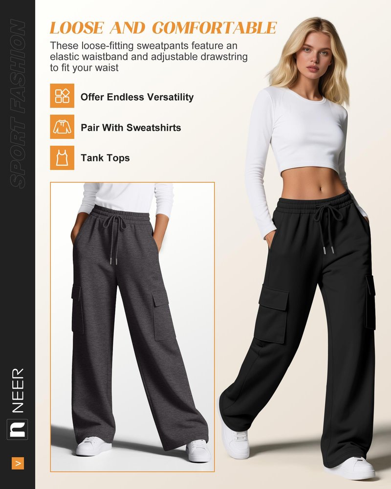 Neer 3 Pack Women's Cargo Sweatpants Wide Leg Baggy Loose Elastic Drawstring Pants Casual Athletic Joggers with 4 Pockets(Black, Dark Gray, Light Gray,Medium)