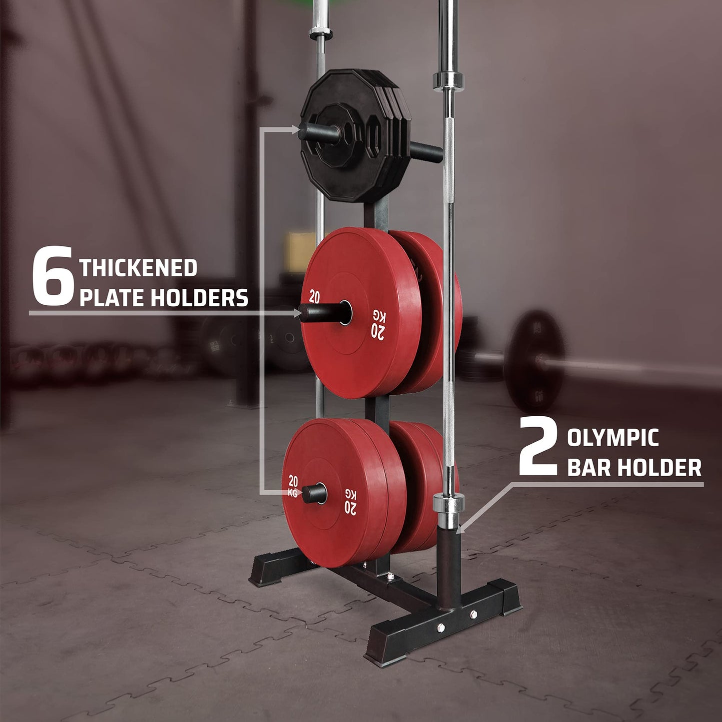 Yes4All 6-Pegs Olympic Weight Plate & 2 Barbells - Weight Plate Tree Holder & Vertical Barbell Storage Rack