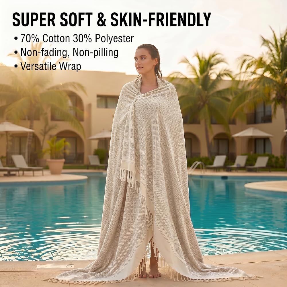 Yongoes Turkish Beach Towel Blanket Oversized 50x68 Beige Boho