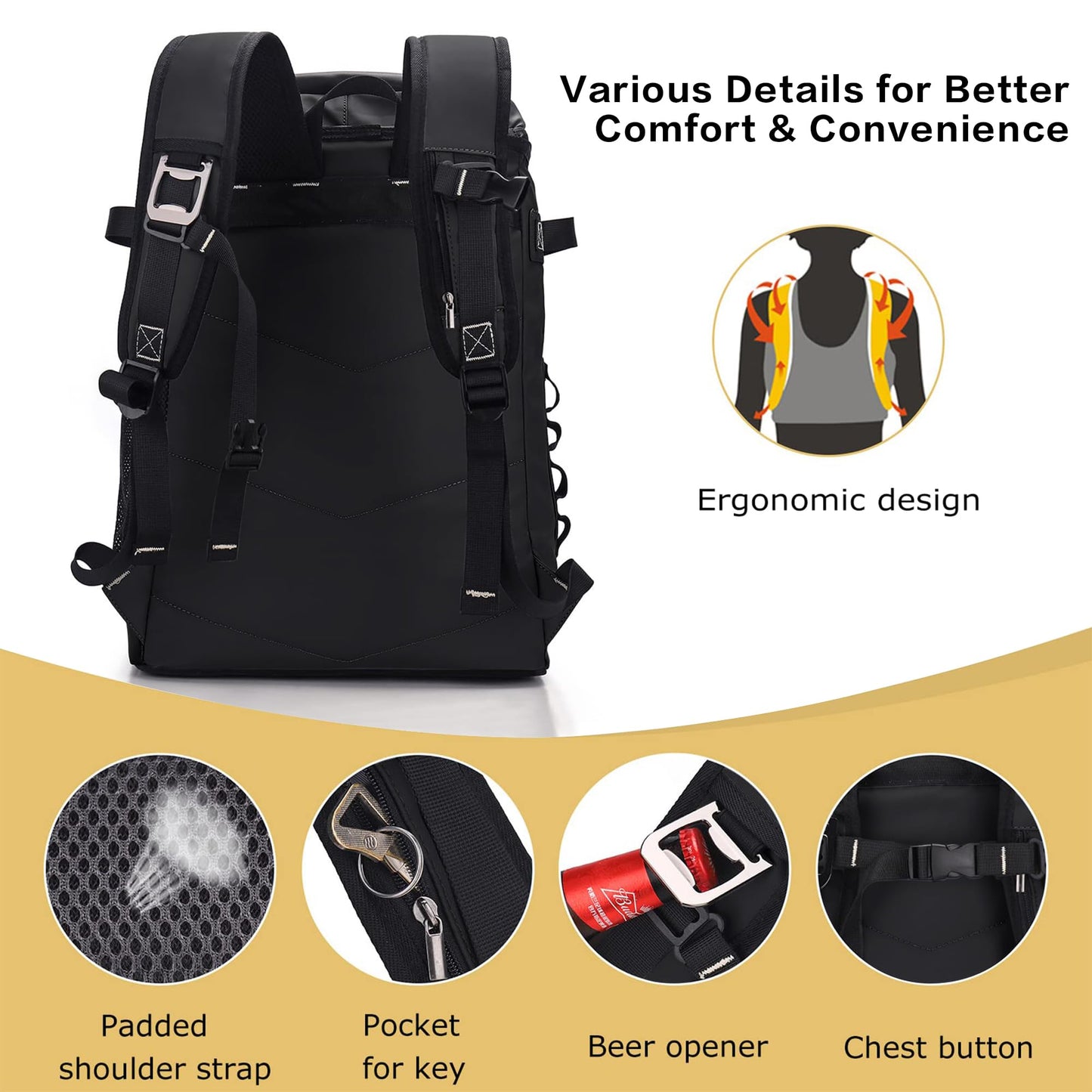 Cooler Backpack, 42 Cans Leakproof Backpack Cooler, Insulated Cooler Bag Picnic Backpack Soft Lightweight Ice Chest Backpack Lunch Backpack for Camping, Hiking, Beach (Black)