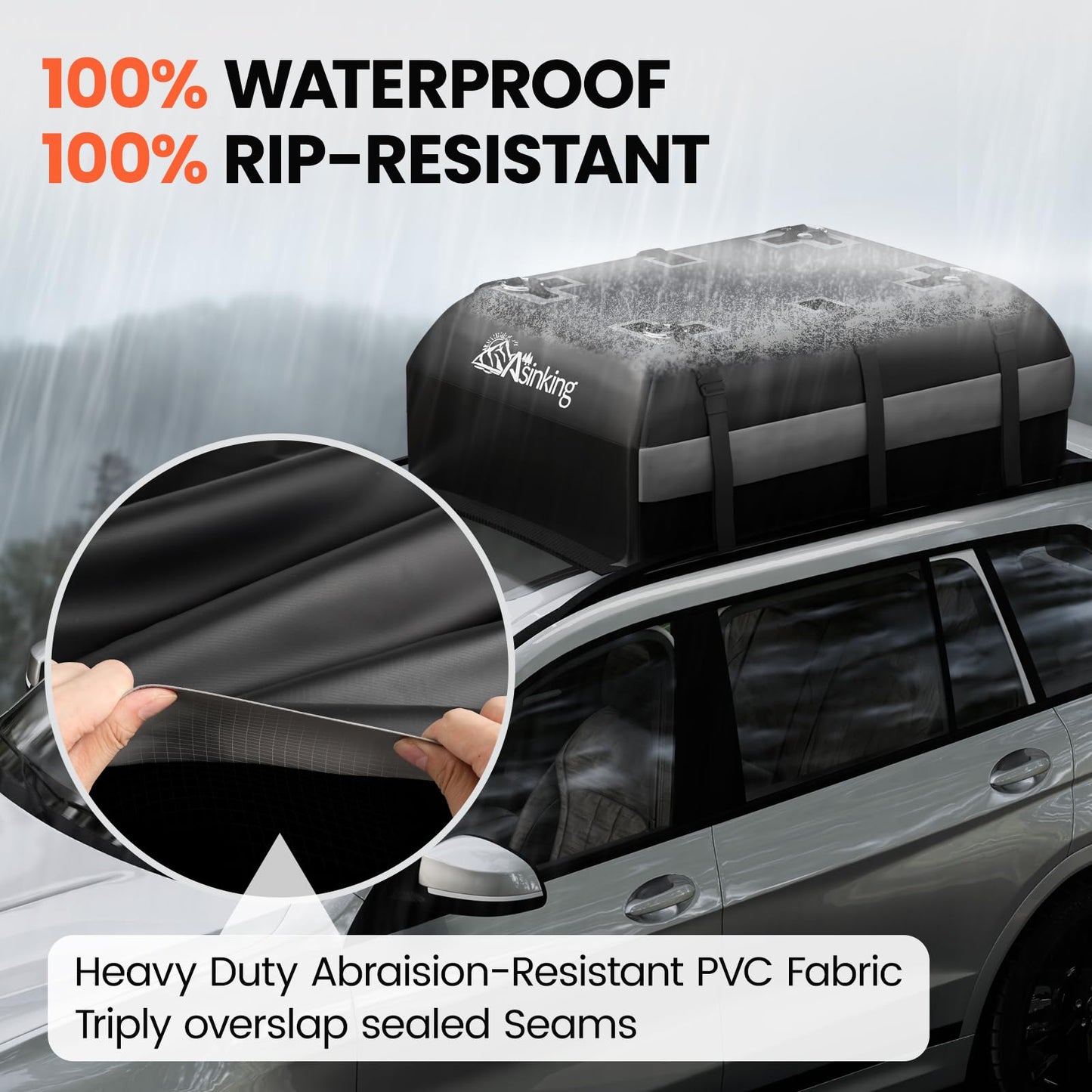 Asinking Car Rooftop Cargo Carrier Bag - 100% Waterproof Heavy Duty Car Roof Luggage Carrier 15 Cubic Feet, Fits All Vehicles with/Without Roof Rack - Easy Install & Triply Reinforced for Secure Use