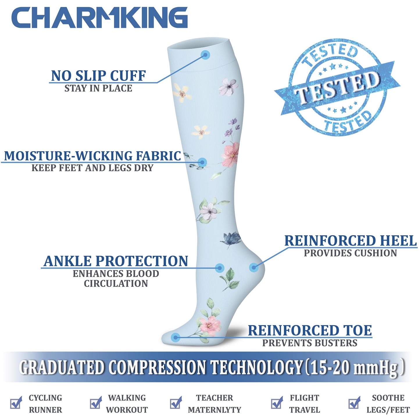 CHARMKING Compression Socks for Women & Men (8 Pairs) 15-20 mmHg Graduated Copper Support Calf Socks are Best for Pregnant, Nurses - Boost Performance, Circulation, Knee High Wide Calf(L/XL, Multi 63)