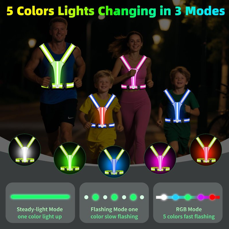 ConKrian LED Reflective Vest Running Gear, 5 Lights Colors, 3 Modes, Adjustable for Running, Cycling, Walking - Led Running Vest for Men, Women, Kids(Pink)