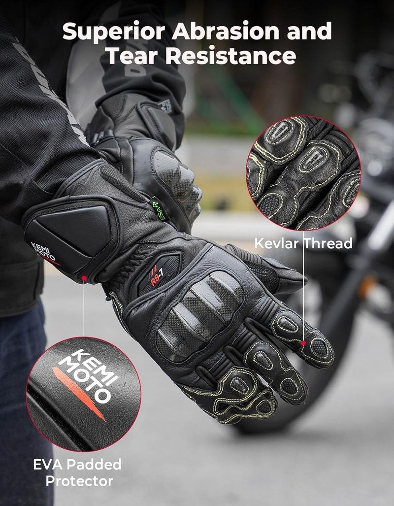 KEMIMOTO Leather Motorcycle Gloves - ESA Cushioning & Kevlar Knuckle Protection | Unisex Riding Gear for Outdoor Sports