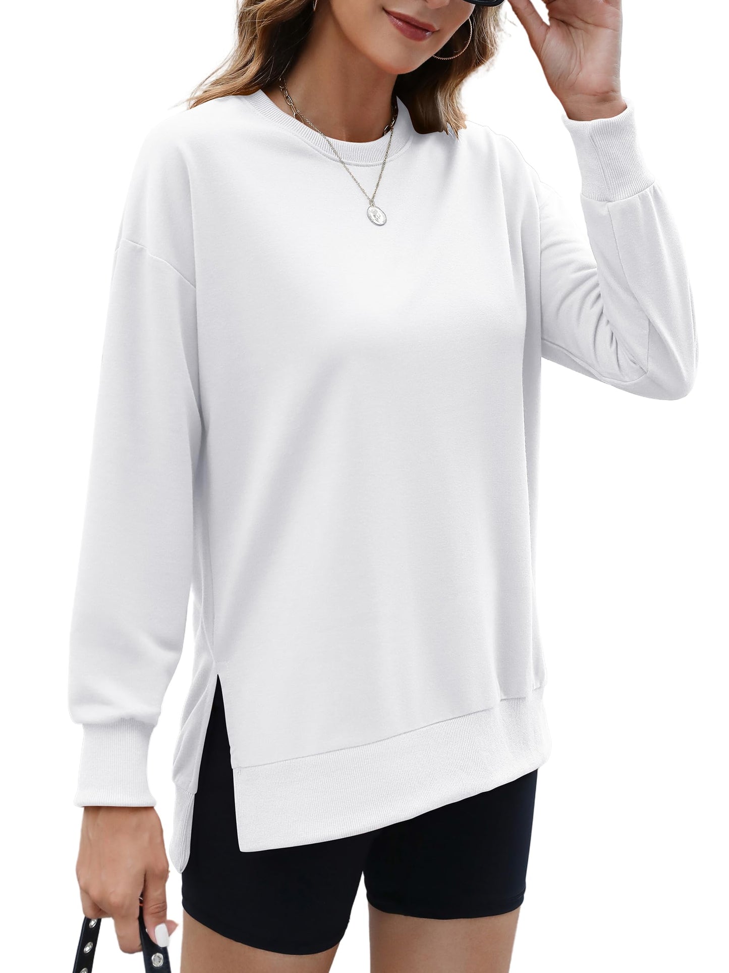 ECOWISH Women Side Split Sweatshirt: Fall Crewneck Long Sleeve Oversized Shirts Casual Loose Solid Pullover Tops Tunics 409 White L