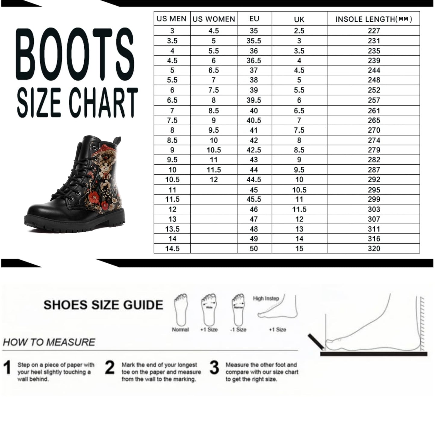 Women's Mid-Calf Combat Boots Leather Lace-Up Booties with Artistic Mushroom and Floral Patterns for Hiking,Daily Wear