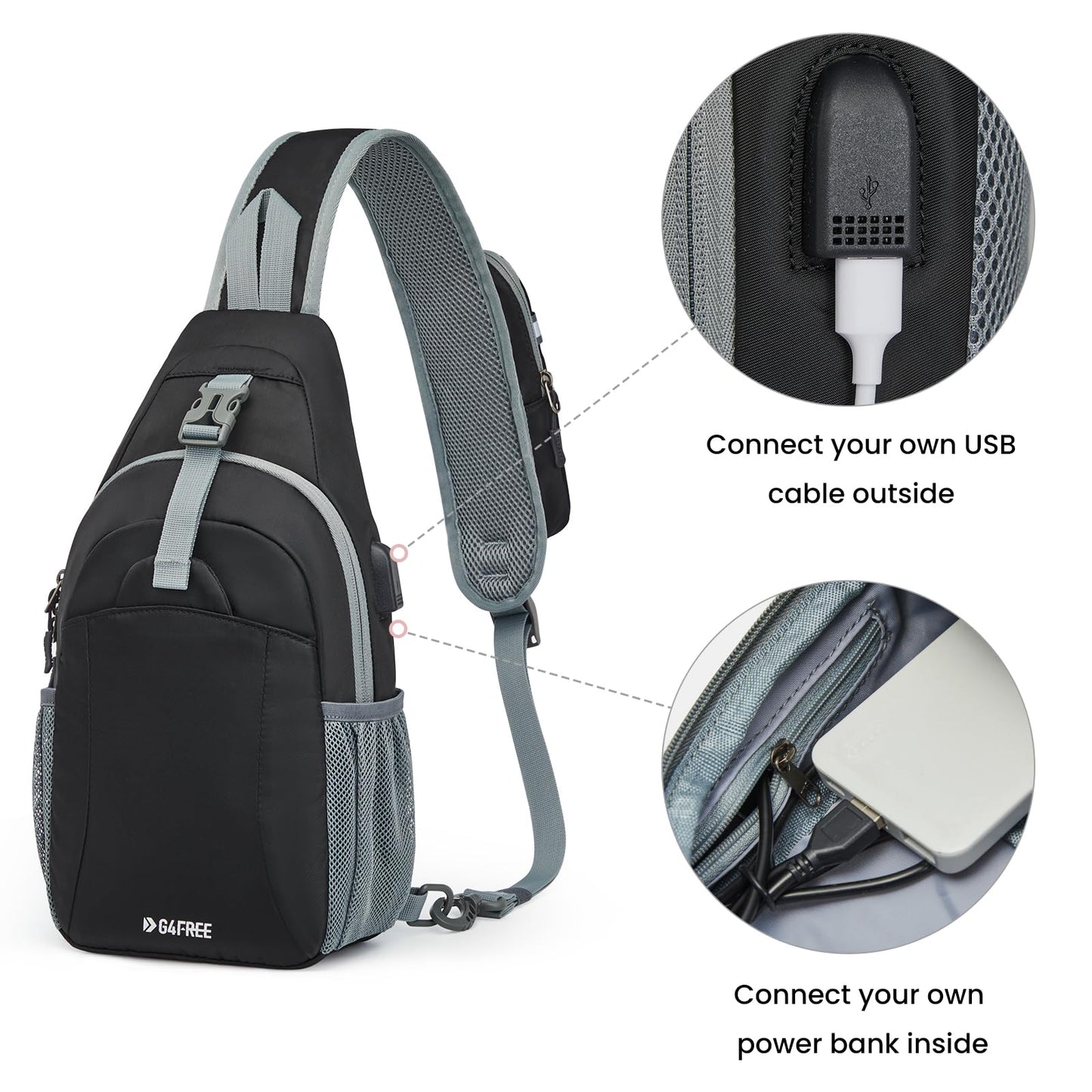 G4Free Sling Bag RFID Crossbody Sling Backpack with USB Charging Port, Travel Hiking Daypack Shoulder Chest Bag for Women Men(Black)