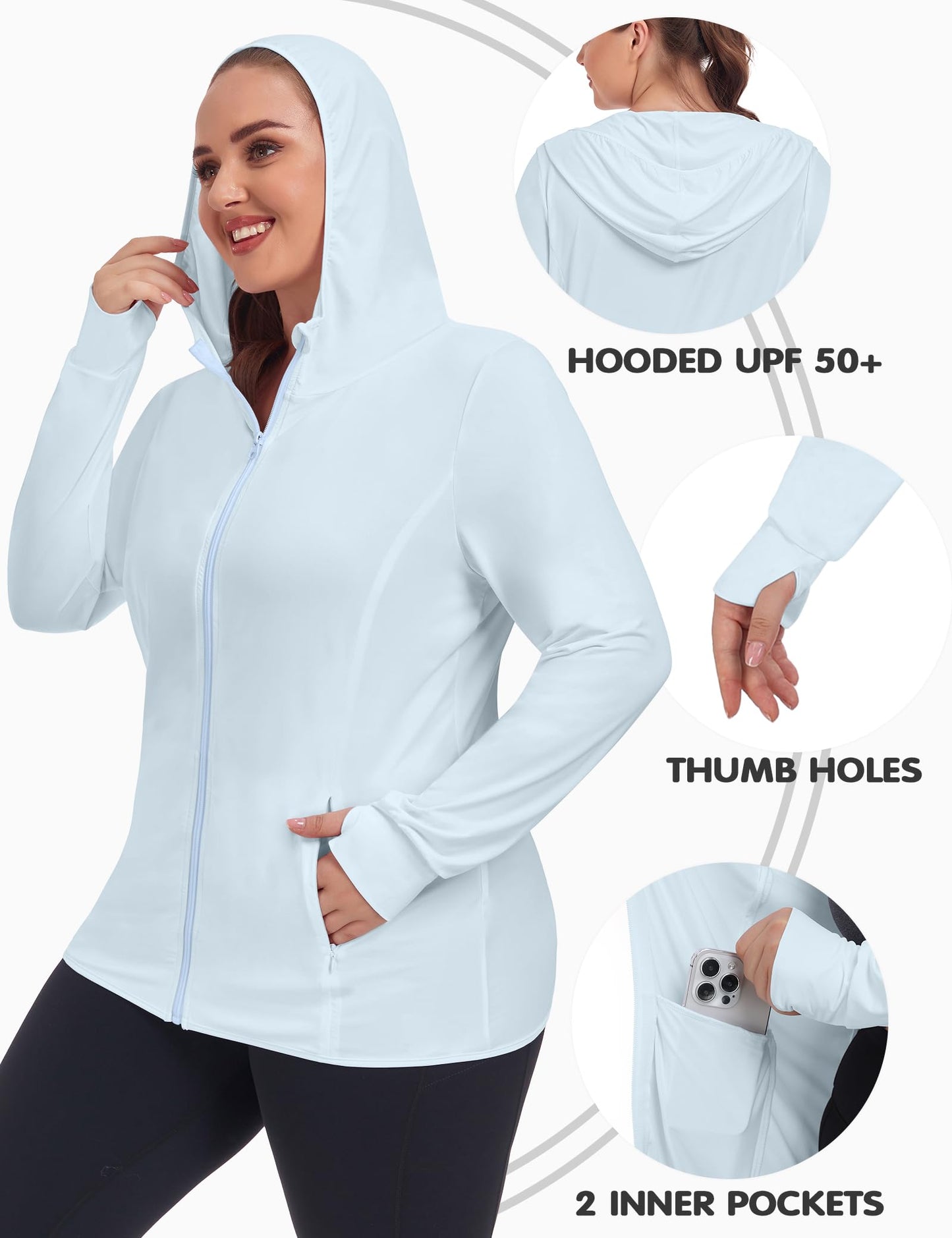 COOTRY Women's Plus Size UPF 50+ Sun Protection Jacket Lightweight Long Sleeve Zip Up Hoodie Cooling Sun Shirt Hiking Workout Light Blue 3XL