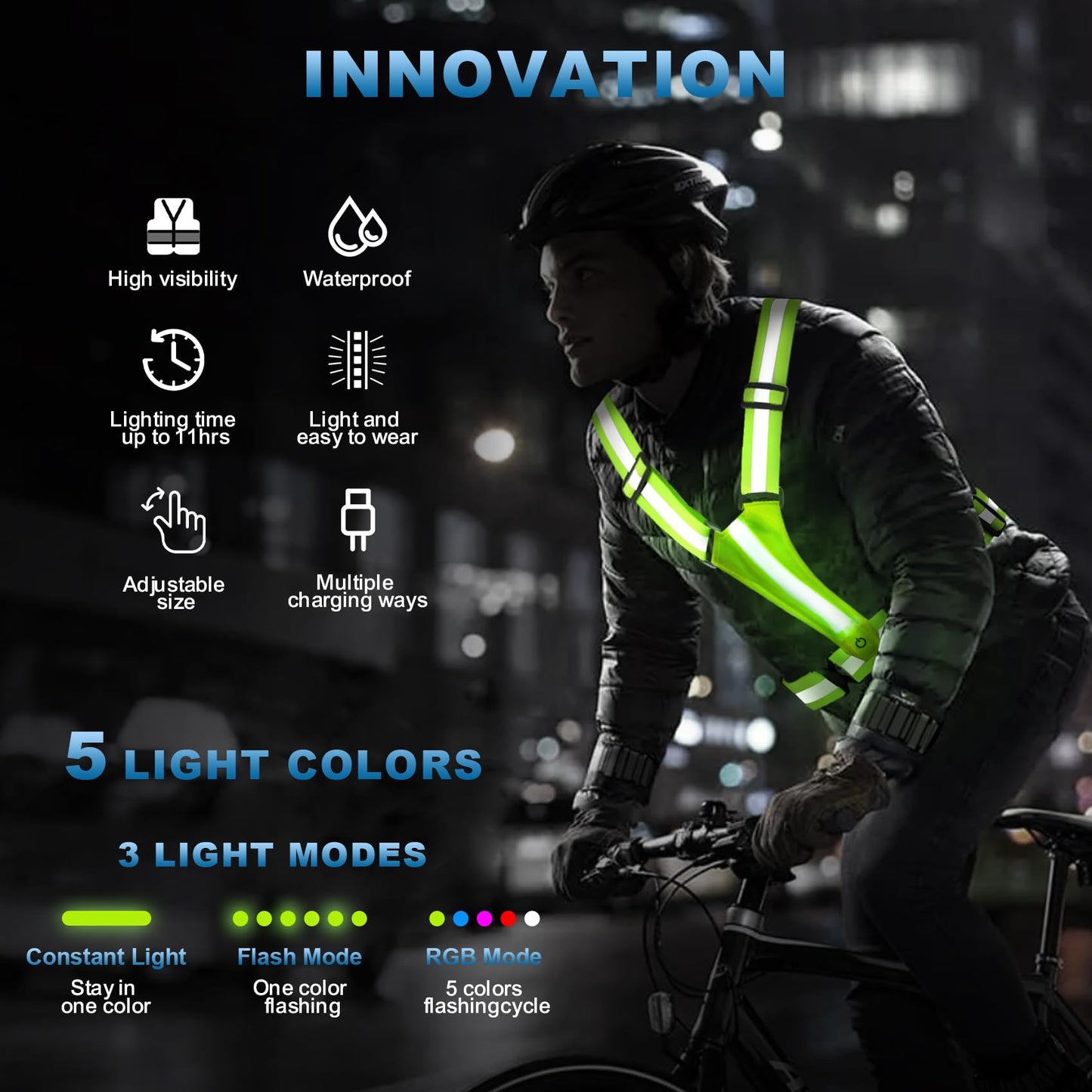 ELLUMIN LED Reflective Running Vest Gear, Rechargeable 5 Lights Colors High-Visibility Gear with Adjustable Waist/Shoulder for Man Woman Night Running Cycling Walking Dogs(Pink & Green)