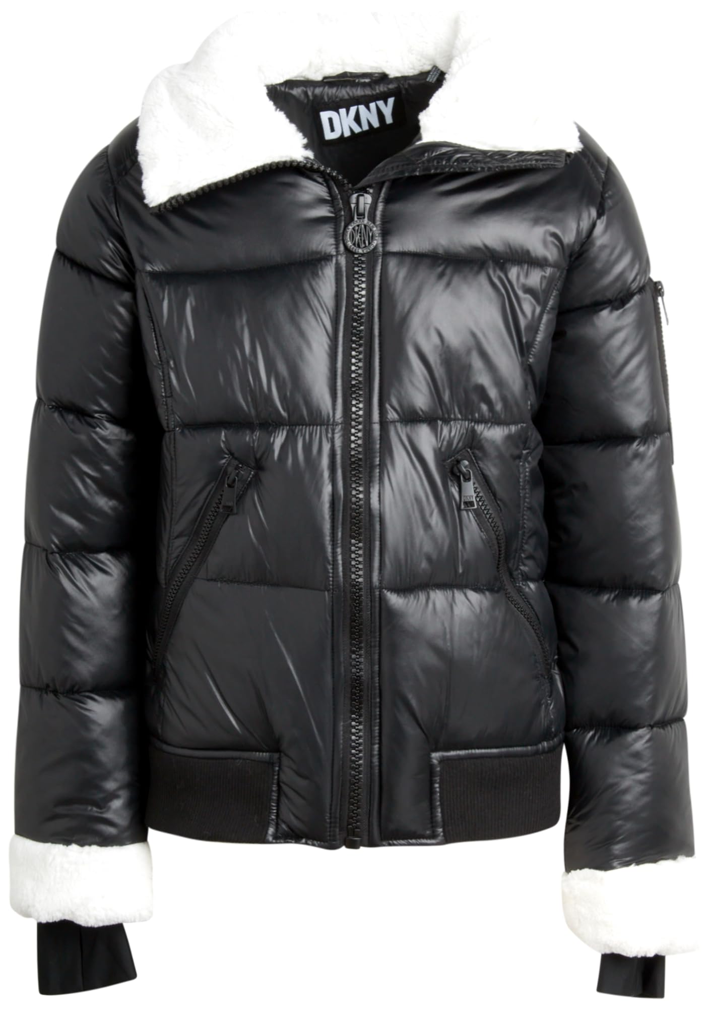 DKNY Girls' Winter Coat - Insulated Quilted Puffer Bomber Coat - Outerwear Jacket for Girls, Sherpa Collar/Cuffs (8-16), Size 7-8, Black