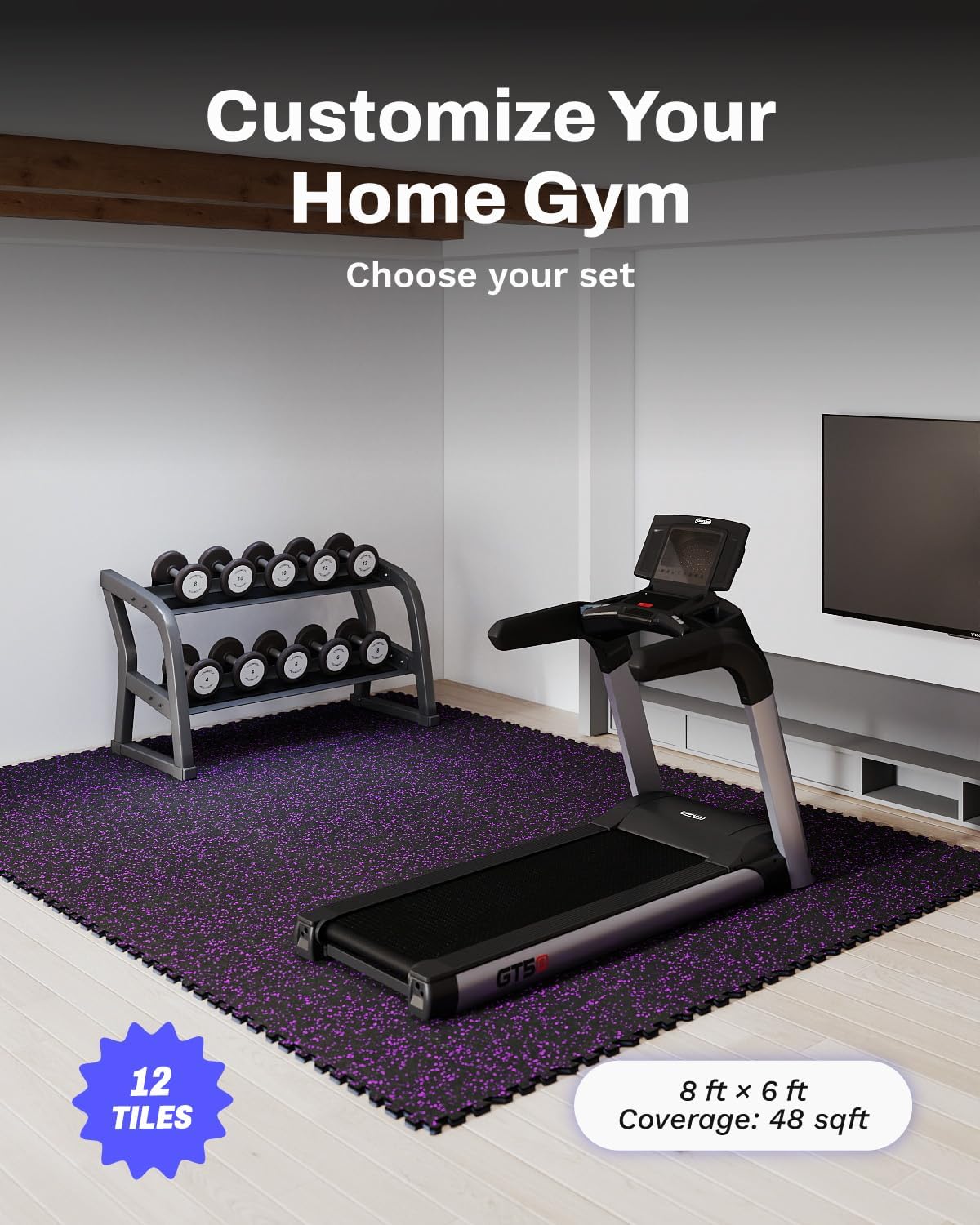 Exercise Equipment Mats - 0.56in Thick Interlocking Rubber Tiles | 48 Sq Ft Gym Flooring, Heavy-Duty EVA Foam, 24 x 24in