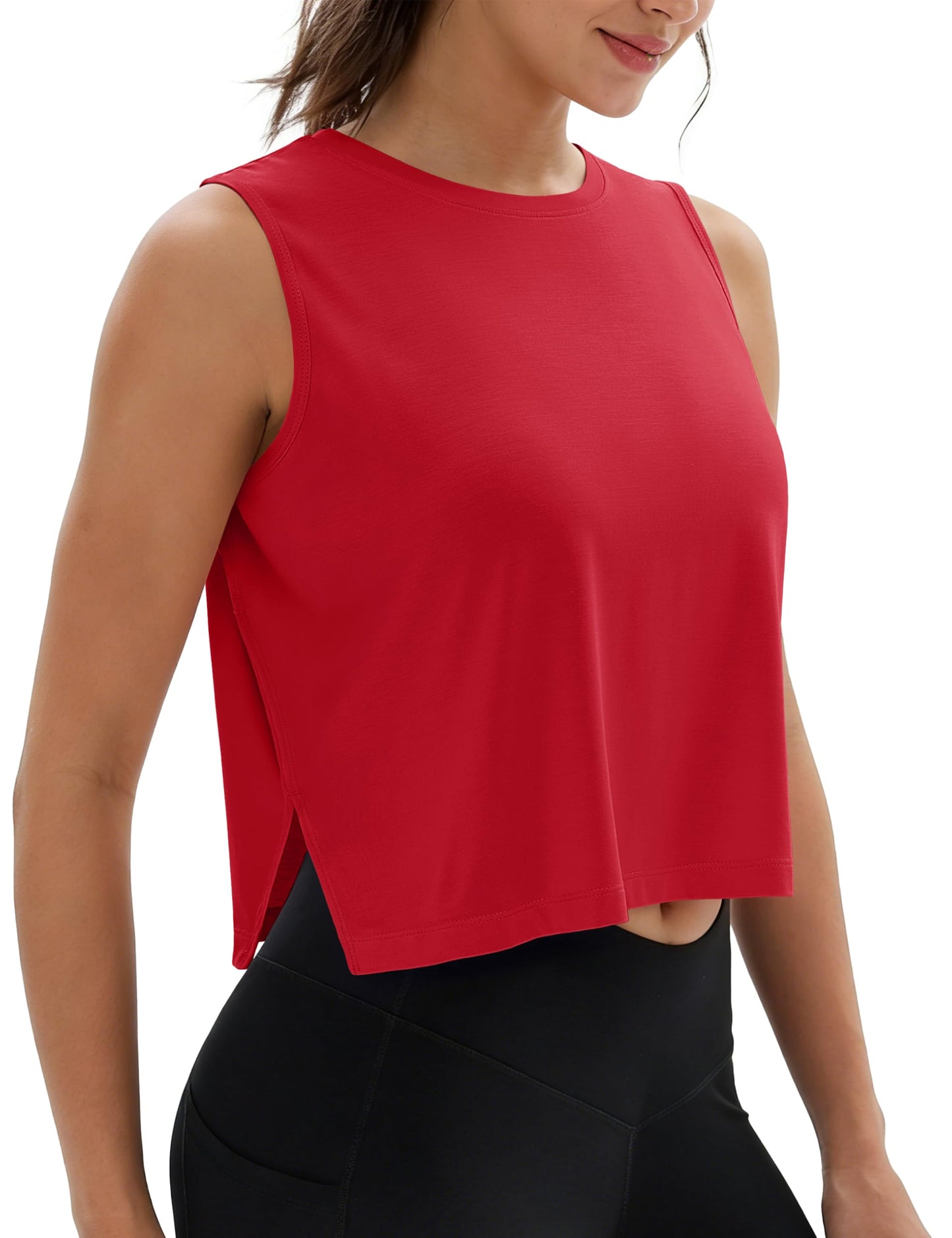 MAGCOMSEN Tank Tops for Women Quick Dry Basic Sleeveless Workout Cropped T-Shirts Athletic Tops with Side Slits Red L