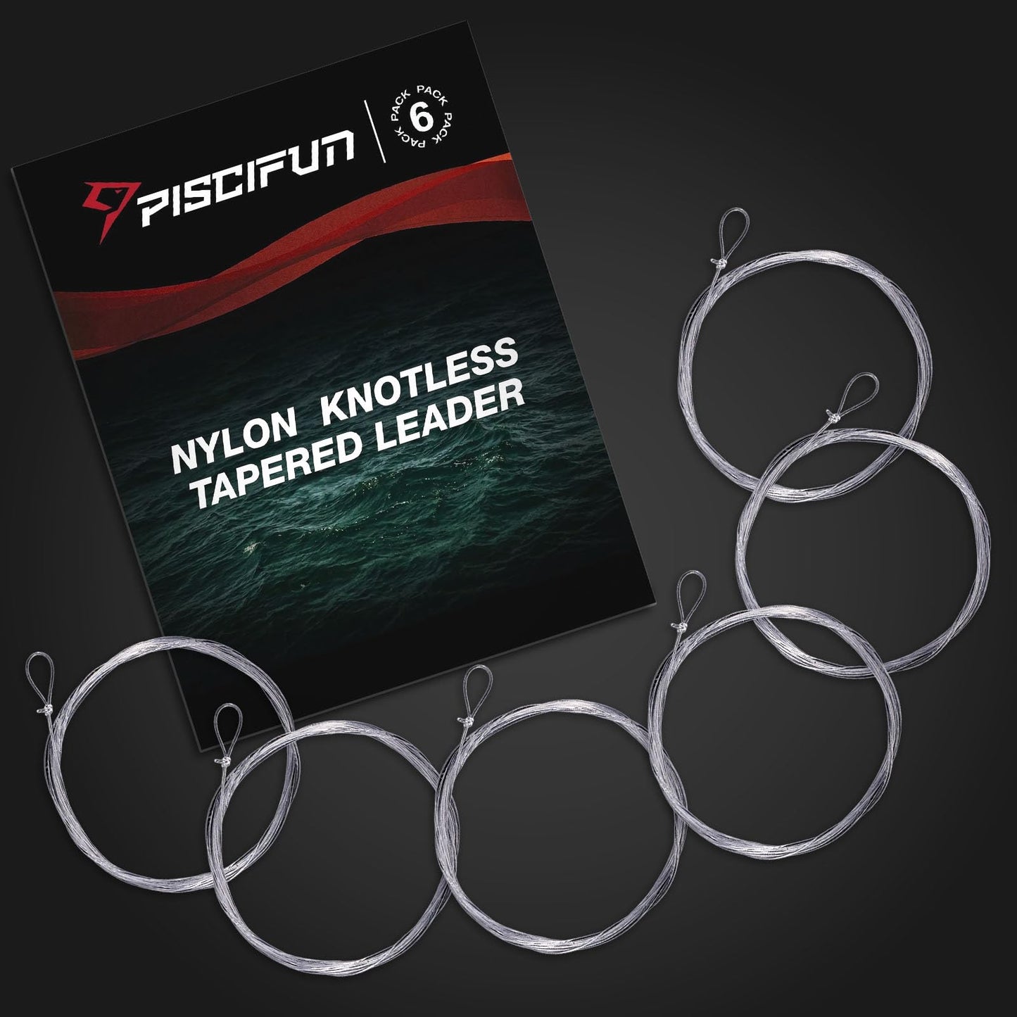 Piscifun Fly Fishing Leader with Pre-Tied Loop, Tapered Fly Line Leader, Nylon, Clear, 7.5ft, 6 Pack, 5X