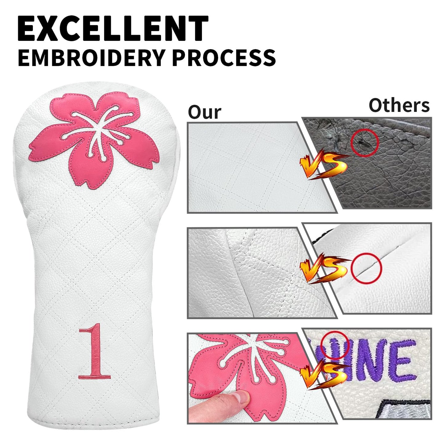 Grid Cherry Blossom Design Golf Covers PU Headcovers Set Fits Driver Fairway Wood Hybrid Utility Woods Iron Wedge Headcover, Premium Leather Golf Headcovers