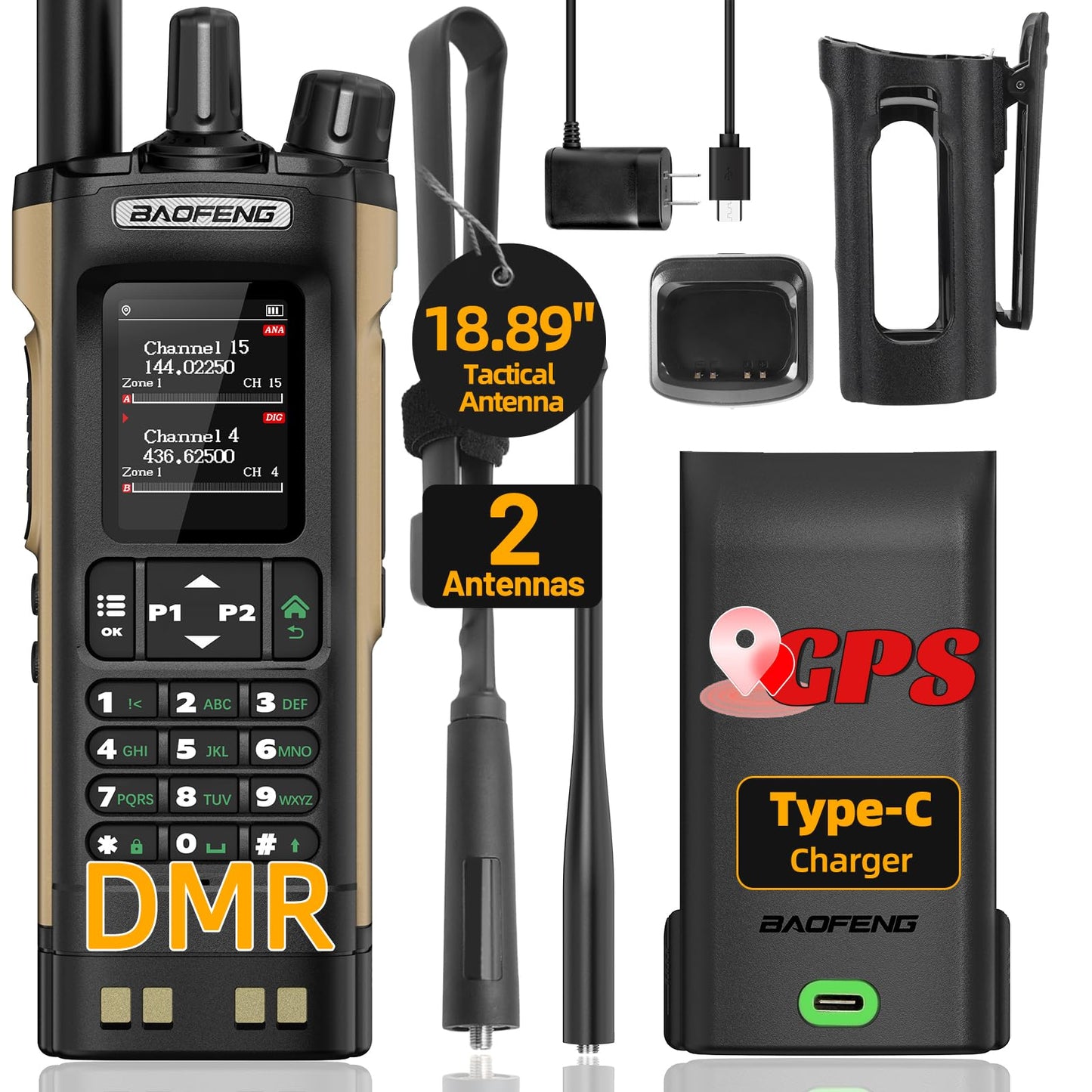 Baofeng DM32 DMR Radio 10W Ham Radio Handheld Rechargeable Walkie Talkies Long Range DM32UV Two Way Radio NOAA Weather Radio with GPS, Copy Frequency 2500mAh Battery USB-C Charging with Radio Holster