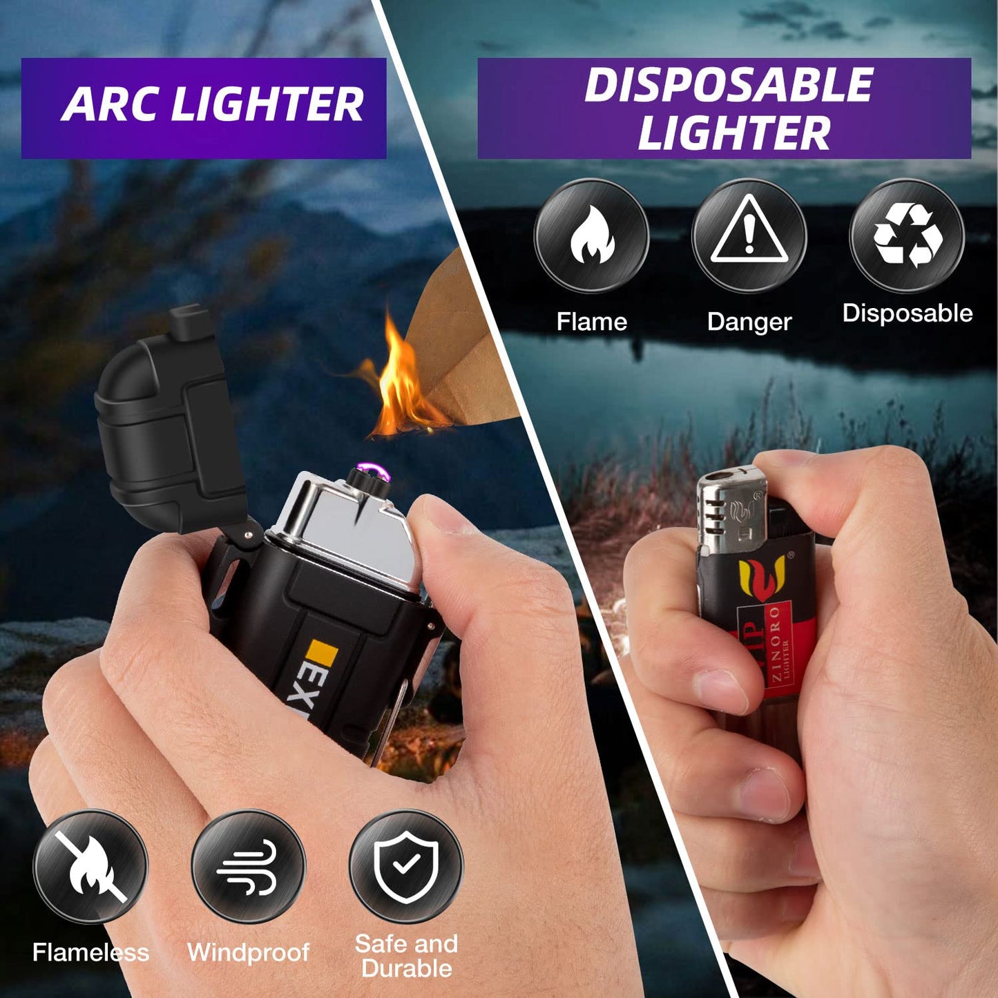 LcFun Arc Lighter Waterproof Electric Lighter USB Type C Rechargeable Lighter Dual Arc Plasma Lighter Flameless Windproof Lighter with Flashlight for Camping, Hiking, Outdoor Survival, Tactical Gear