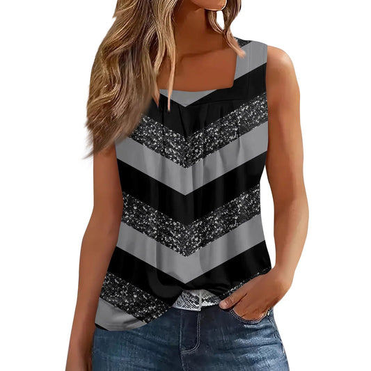 Generic Ladies Summer Tops, Spring Seaside Top for Womens Tunic Sleeveless Fashion Square Neck Ruffle Tank Trendy Printed Comfort Stretch Tank Tops Ladie's Gray, Large