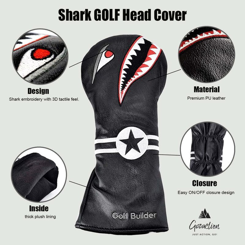 GOOACTION Shark Golf Driver Head Cover, Creative Cartoon Animal Pattern Synthetic Leather Protector | Universal Fit for 460cc Driver & On-Course Defense