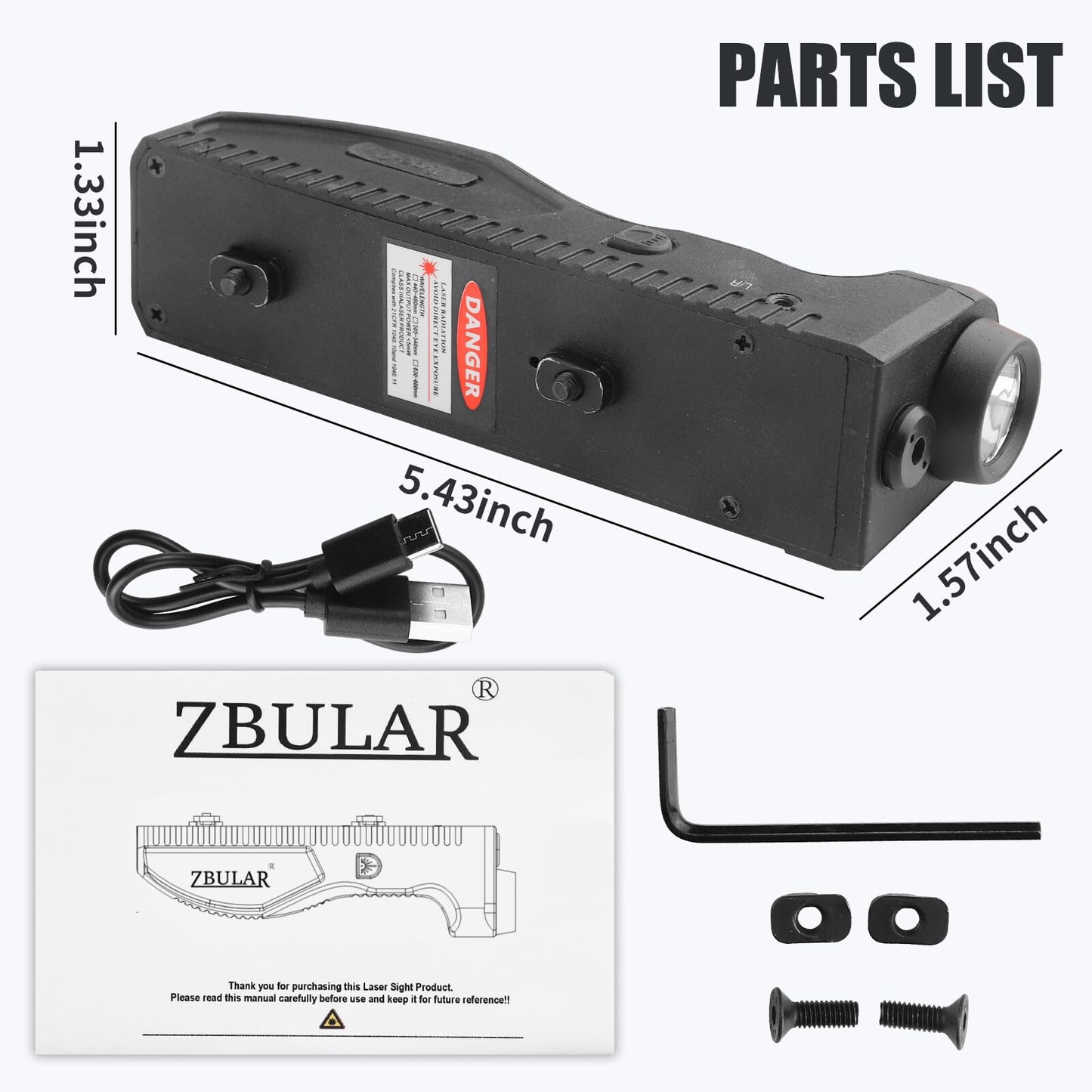 ZBULAR 1650 Lumens Strobe Function,Light Laser Combo, Flashlight and Red Laser Sight,High Real Lumen,USB-C Rechargeable IIIA Class Laser Power Output ≤5mW