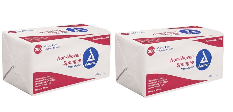 Dynarex Non-Woven Sponges, Non-Sterile, Gauze, for Cleansing, Prepping and Dressing, Highly-Absorbent, Less Linting, 2-Pack, 4"x 4", 4 Ply, 400 Sponges (Packaging May Vary)