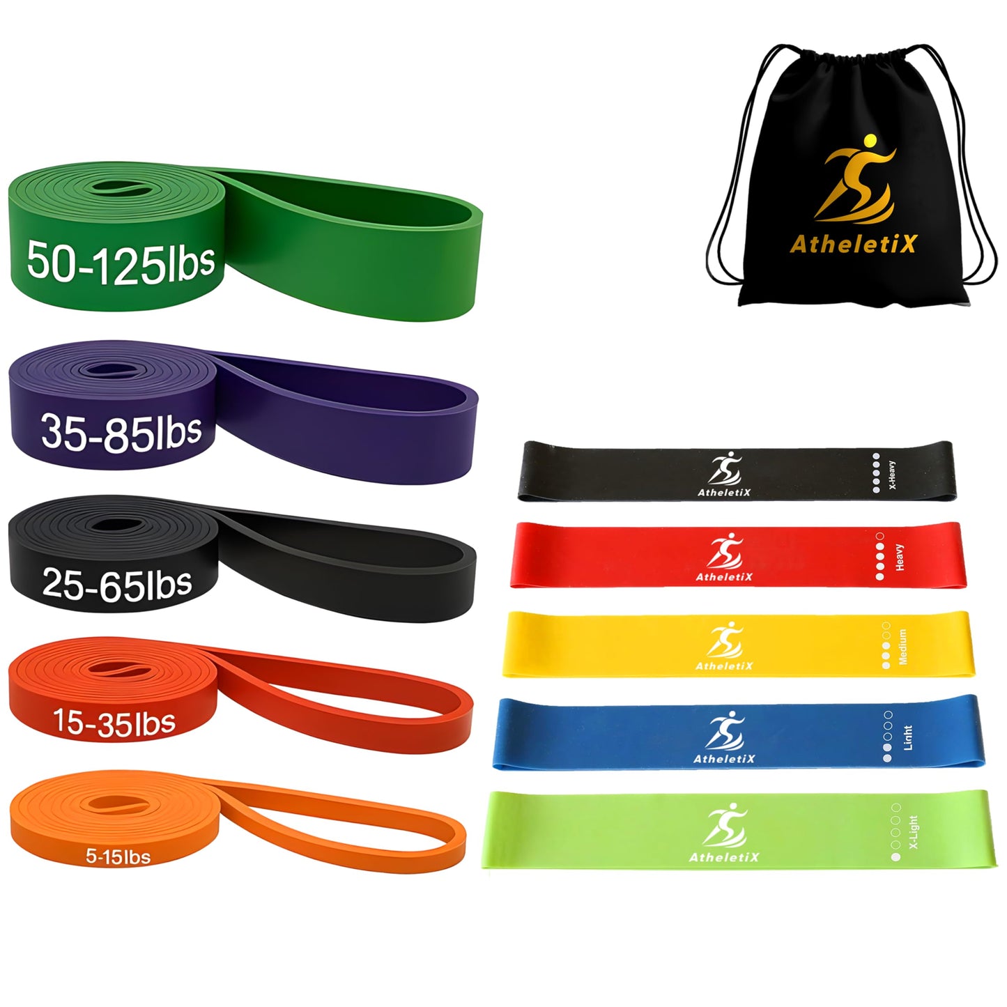 Athletix 10-Piece Resistance Bands Set | Heavy to Light Levels for Strength, Glutes, Legs, Pilates, Yoga, Stretching | Resistance Bands for Working Out | Color-Coded Exercise Bands with Carry Bag