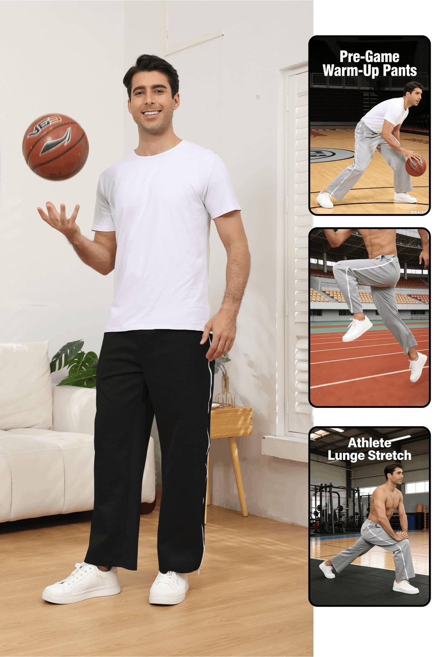 HORSSLE Men's Tear Away Pants 2 Side Full Zippers Legs Snap Off Sweatpants with Pockets for Post Knee Surgery Recovery Black
