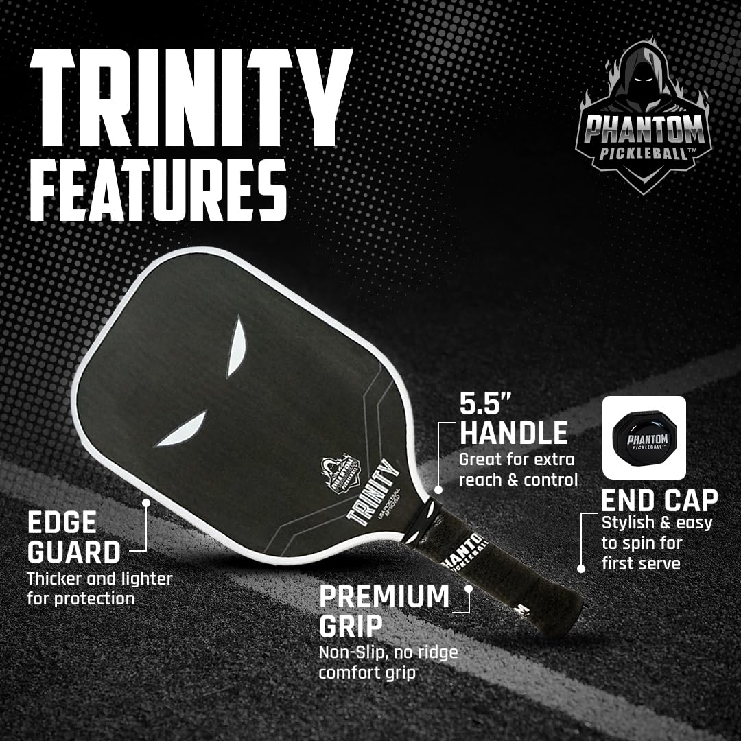 Phantom Pickleball Paddle Trinity 14mm - Carbon Fiber - USA Pickleball Approved - Max Grit and Spin Elongated Body Pickle Ball Paddle - Lightweight Pickleball Racket with C4 Polypropylene Core