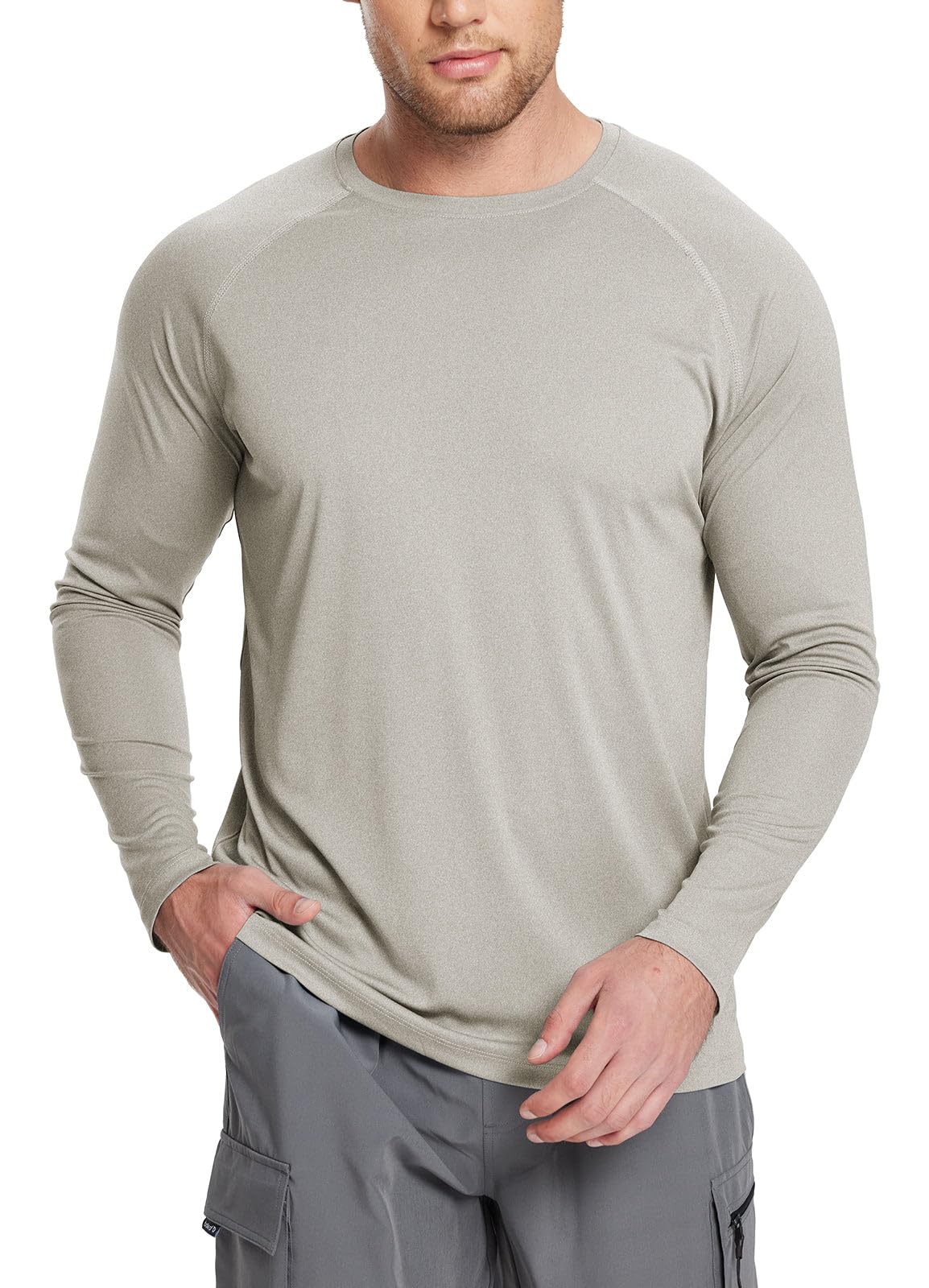 baleaf Men's Long Sleeve Running Shirts Workout Tops Quick Dry SPF Rash Guard Lightweight Hiking Sun Protection t Shirt Khaki S