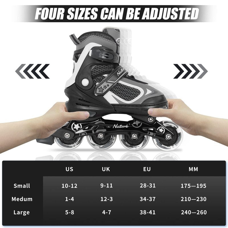 MonSports Adjustable Inline Skates for Kids,Black Blade Roller Skates with Light-up Wheels for Beginner Boys,Girls and Youth Size S(US10-13c)