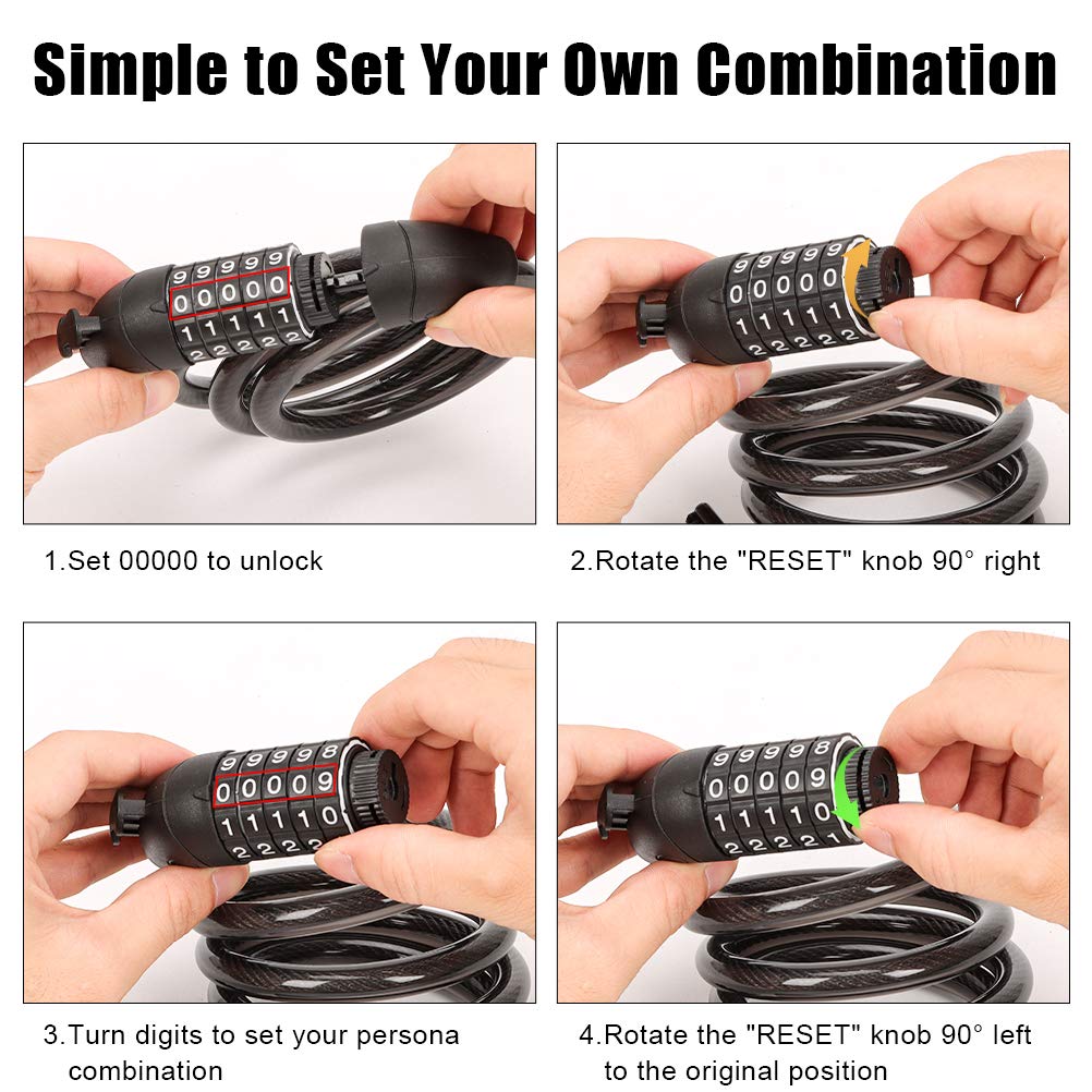 Emoly Bike Lock Cable, High Security 5 Digit Resettable Combination Coiling Bike Cable Lock,Bicycle Cable Lock for Bicycle,Mountain Bike, Scooter Outdoors, 4 Feet x 1.2M, Black