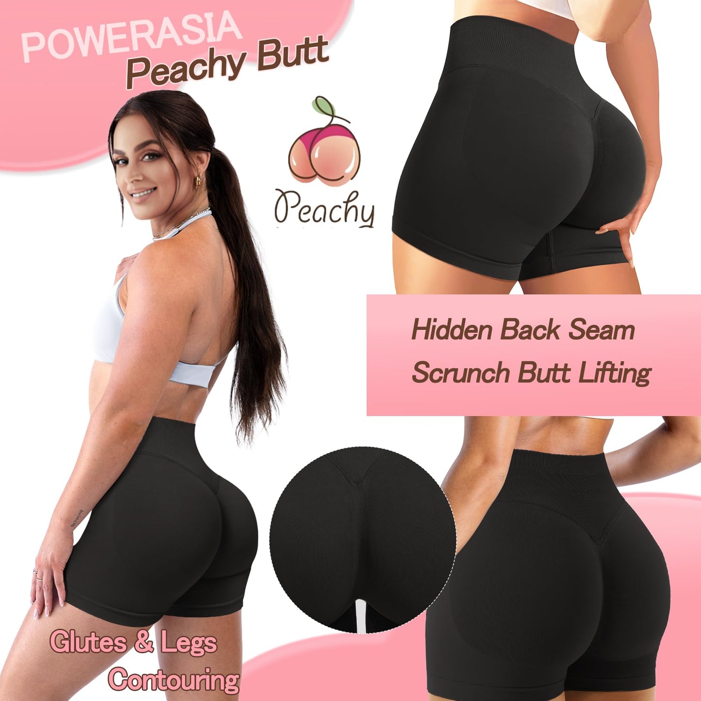POWERASIA 4.5" Workout Impact Shorts Hidden Scrunch Butt Lifting Gym Booty Biker Shorts for Women Tummy Control Black