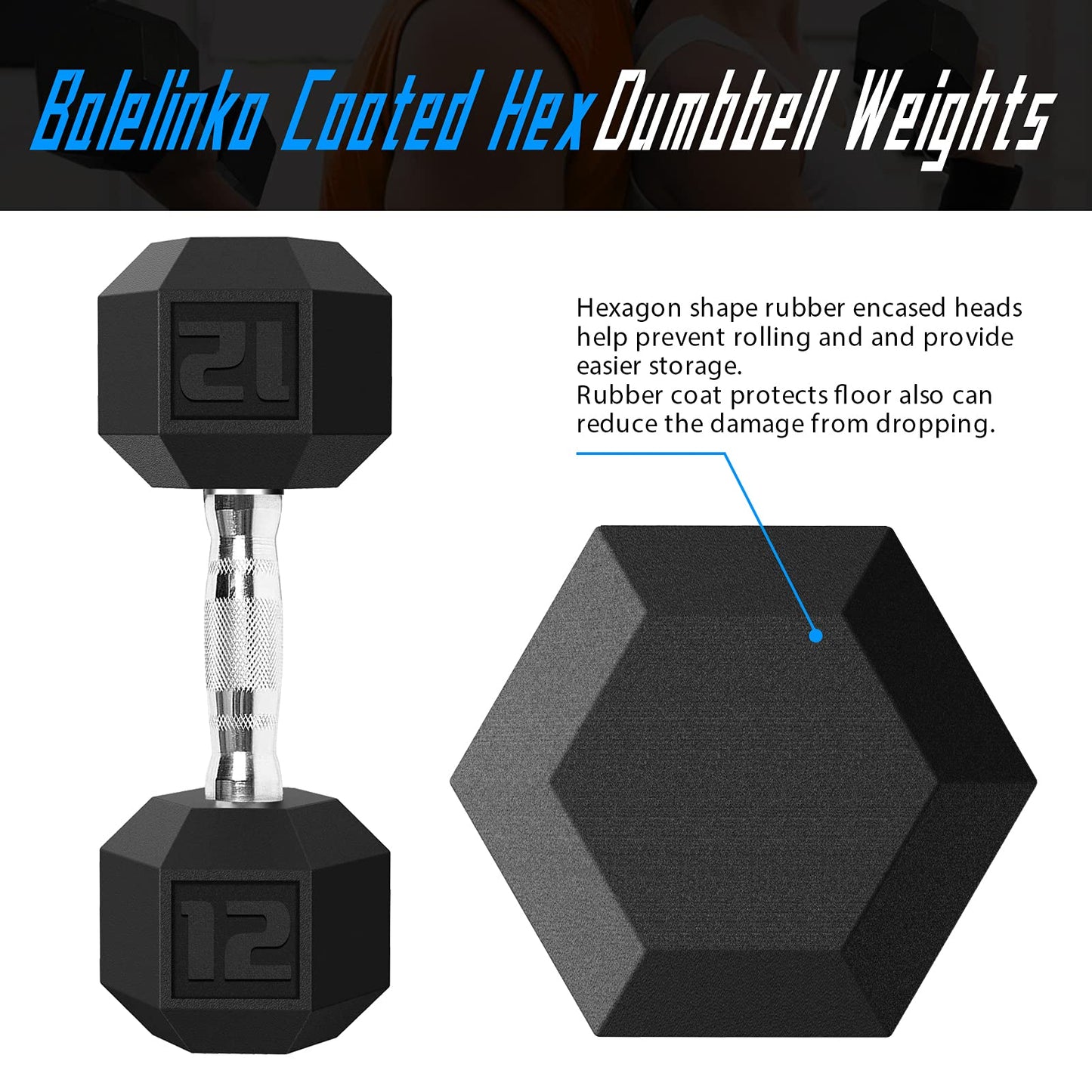 Balelinko Hex Dumbbells Free Weights Set with Metal Handles Rubber Encased Solid Cast Iron Hex Dumbbell in Pair, 12 LBS