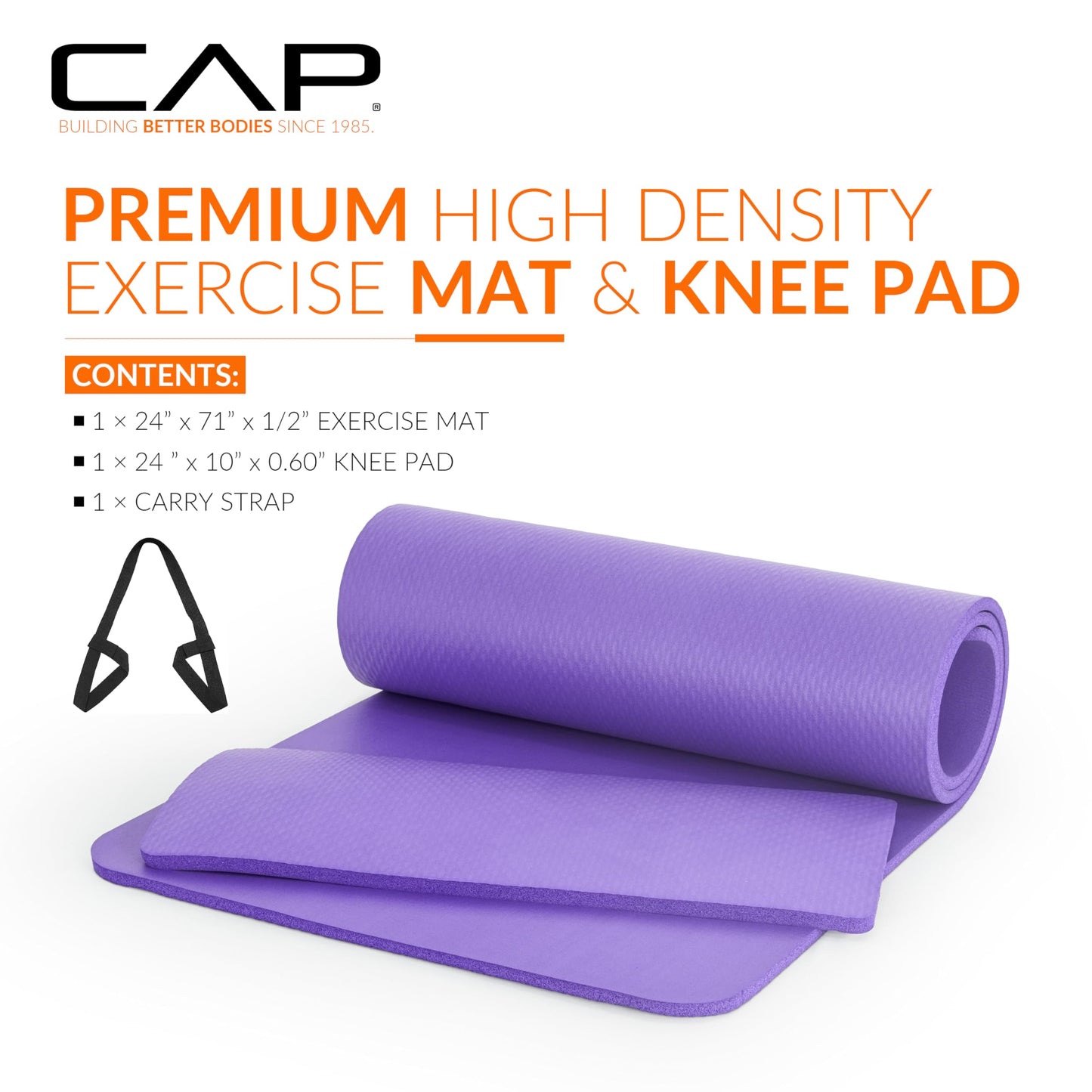 CAP High Density Exercise Yoga Mat with strap and Knee Pad 71"x24"x1/2" PURPLE