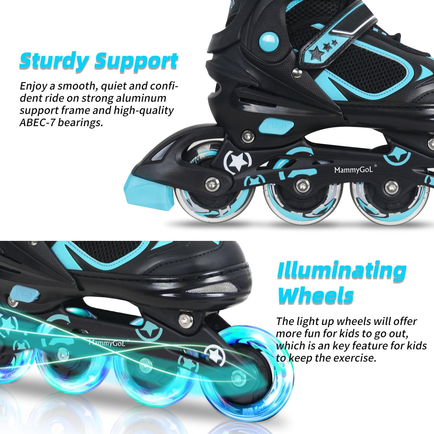 MammyGol Adjustable Inline Skates for Boys Girls Kids Youth with Light up Wheels, Teal Beginner Blades Roller Skates for Boys Size 10 11 12 13 Ages 6-12