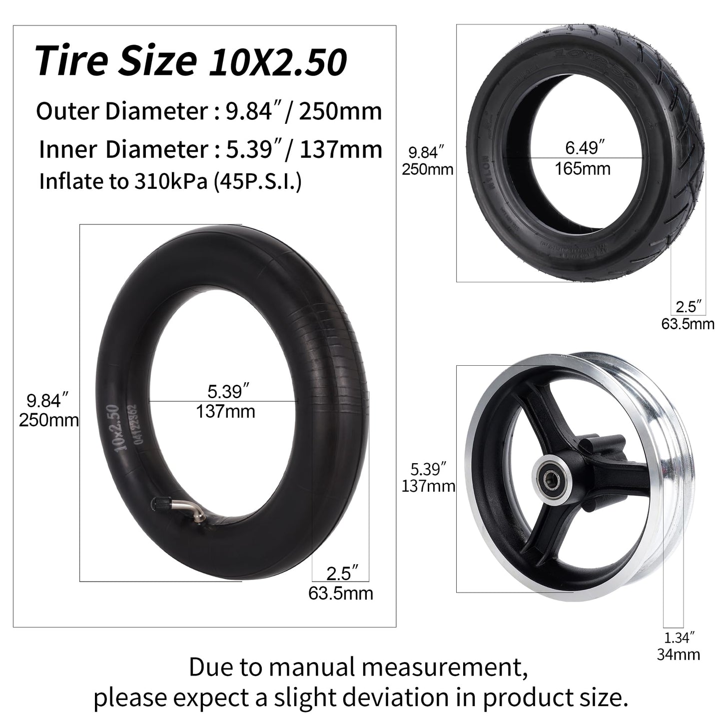 RUTU 10x2.50/2.75 Inner Tubes Thicker 45%- 10" Scooter Tube Set Compatible with Electric Scooter, Smart Self-Balance Scooters & Boards with TR87 36v 48v 400w 500w 800w Hub Motor Mijia M365-2 Pack