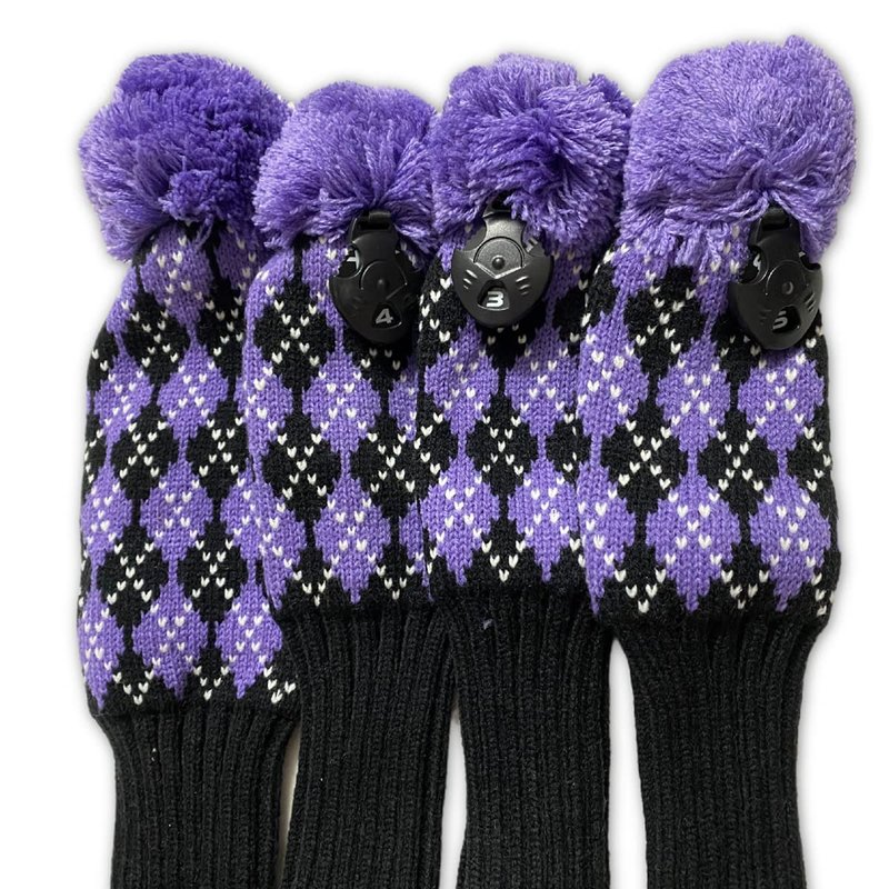3pcs Knit Golf Headcovers for Women Men - Club Head Covers for Driver, 3 5 Fairway Woods, Pom Pom Golf Wood Headcovers for 1 3 5 Woods (Purple&Black)