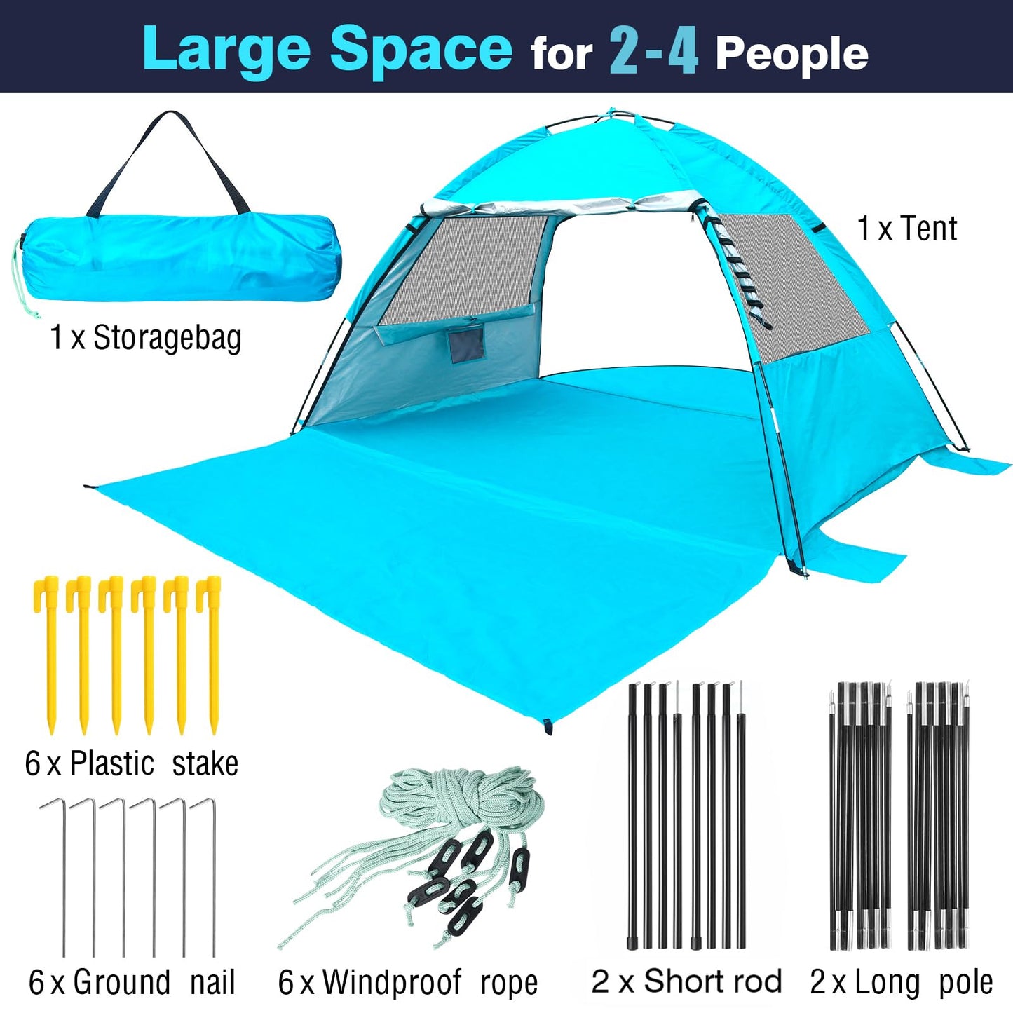 Beach Tent for 2-3-4 Person, UPF 50+ Anti-UV Portable Shelter with Sunshade