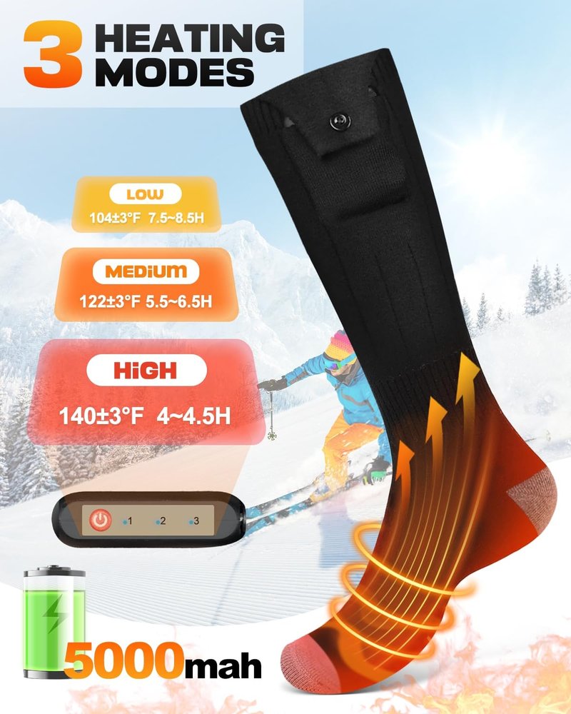 Maraiss Heated Socks, Rechargeable 5000mAh Electric Socks for Men Women, Christmas Stocking Stuffers Gifts, 3 Heating Settings Washable Heated Sock for Fishing Skiing Hunting Hiking Skating