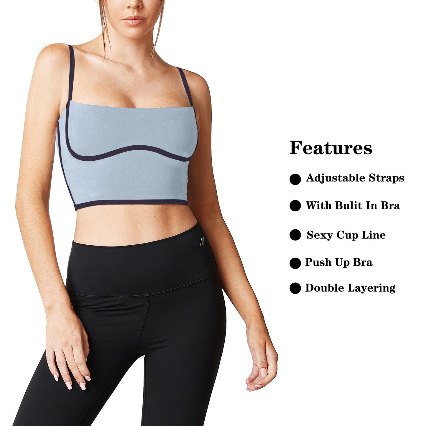 Move With You Sleeveless Spaghetti Strap Padded Sports Bra Tank Tops Square Neck Double Layer Workout Fitness Basic Crop Tops(Grey & Navy,XL)