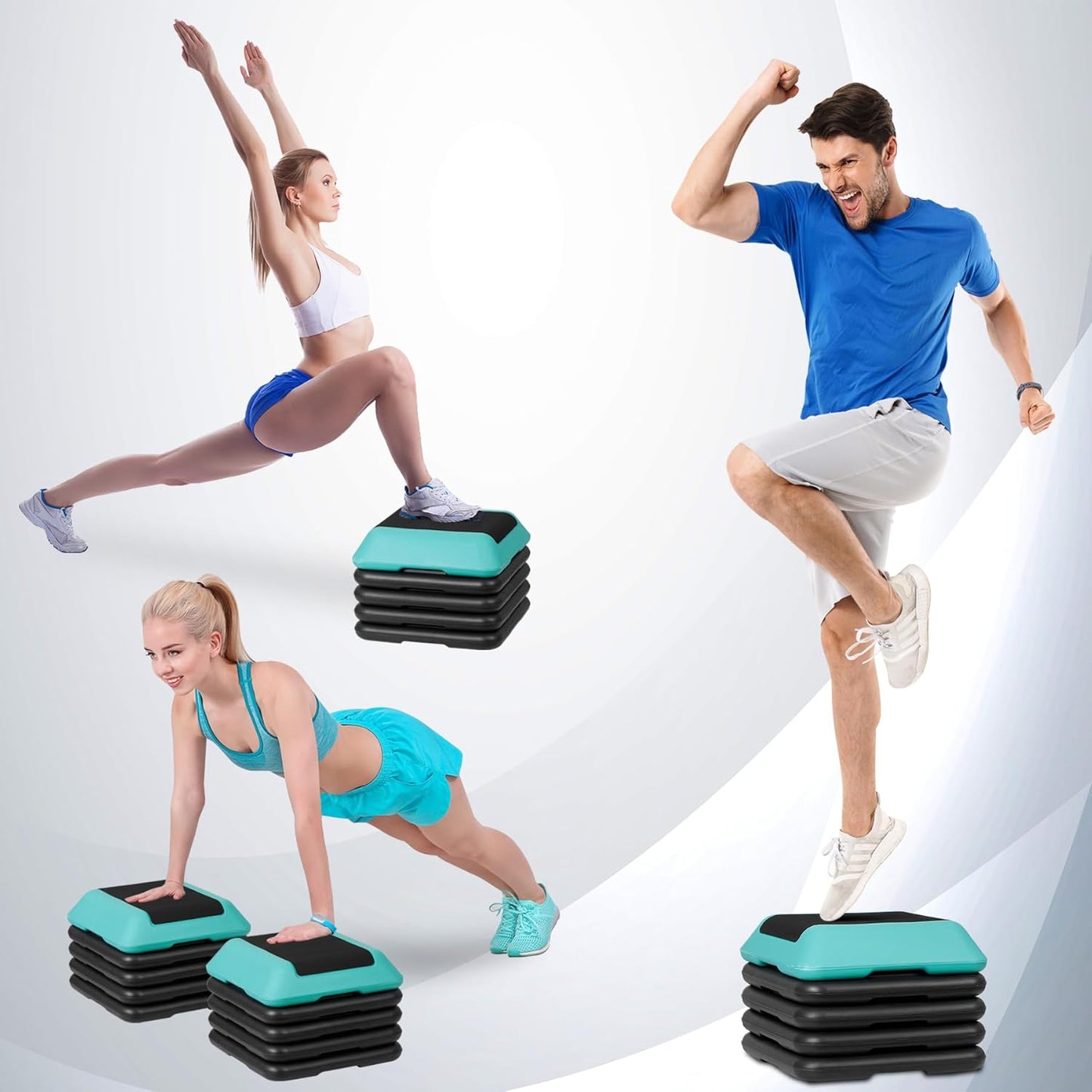 Aerobic Step Exercise Platform | Adjustable Height 4"-12" with 4 Risers - 16" x 16" Home Gym Equipment