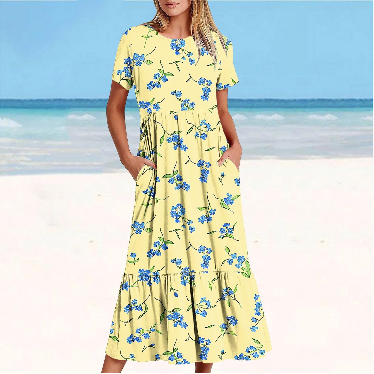 AGWOLF Women Summer Pleated Sundress Loose Pockets Short Sleeve Print Or Solid Maxi Dresses Casual Boho Vacation Travel Dress