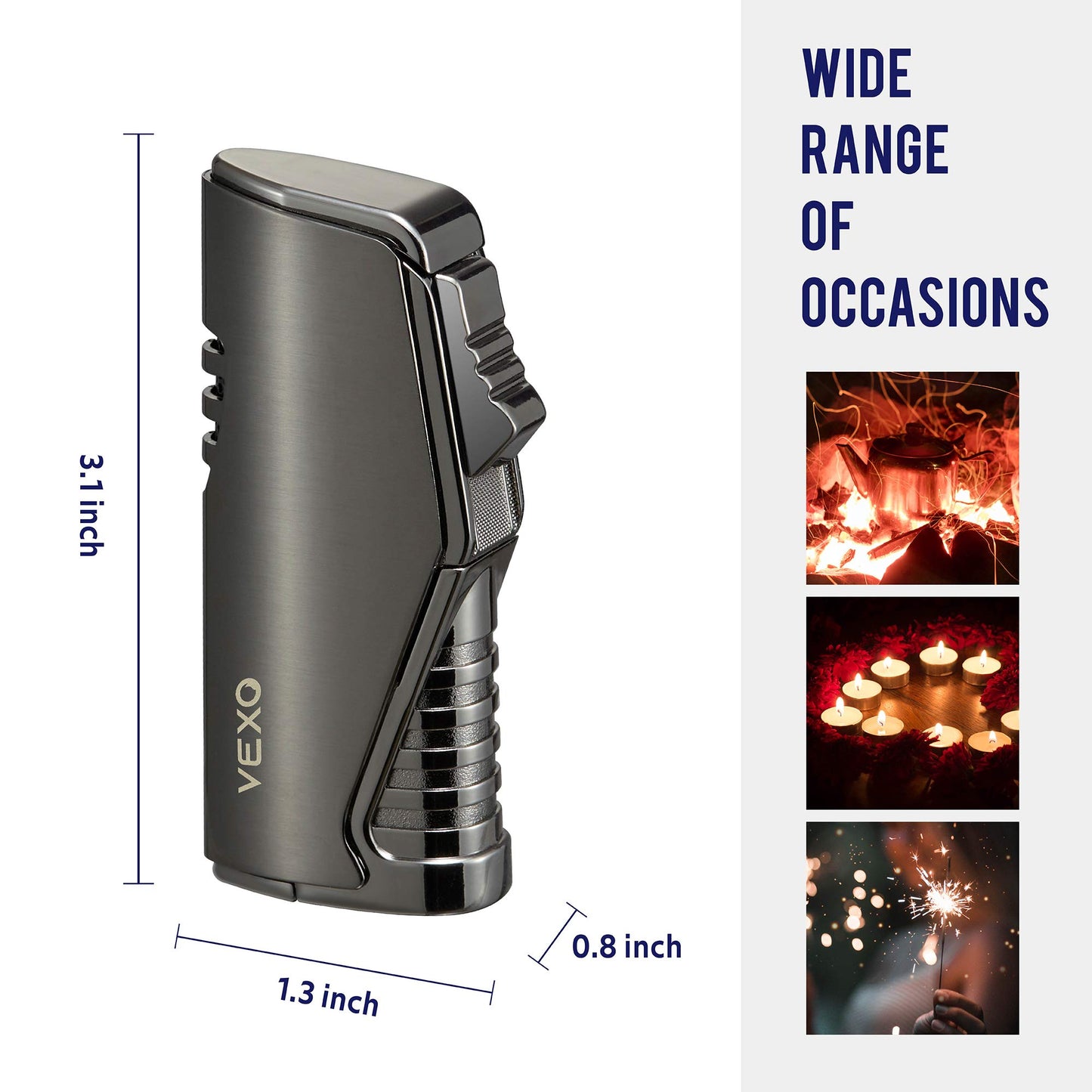 VEXO-Unique Torch Lighter Triple 3 Jet Flame Butane Lighter with Gas Window, Refillable and Windproof Butane Fuel Lighter, Great Gift Idea (Butane NOT Included) (Black)