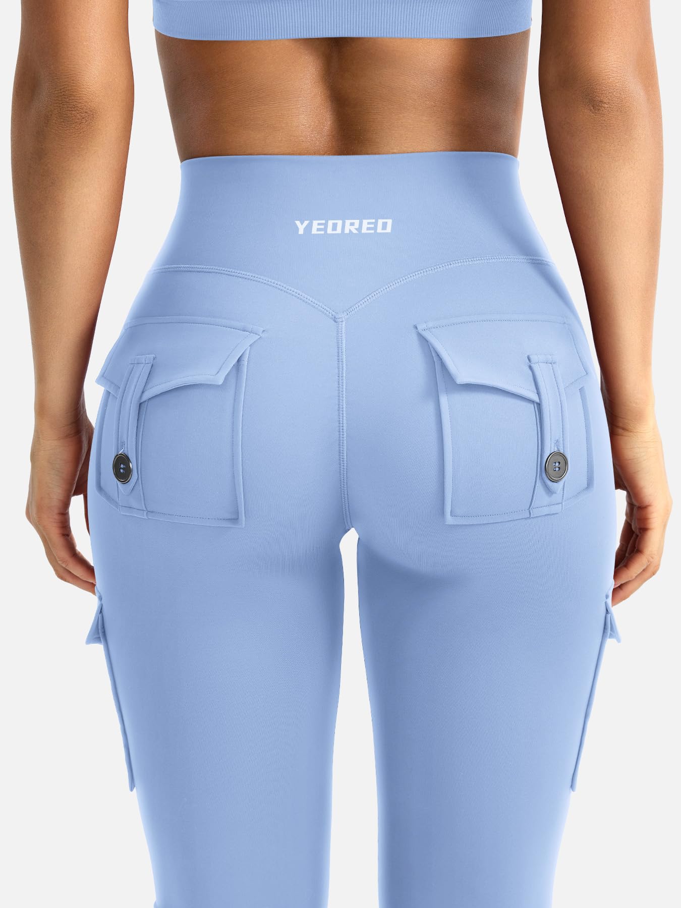 YEOREO CoreFlex Women Workout Flare Leggings with Pockets Hidden Scrunch High Waisted Cargo Gym Yoga No Front Seam Leggings Light Blue S