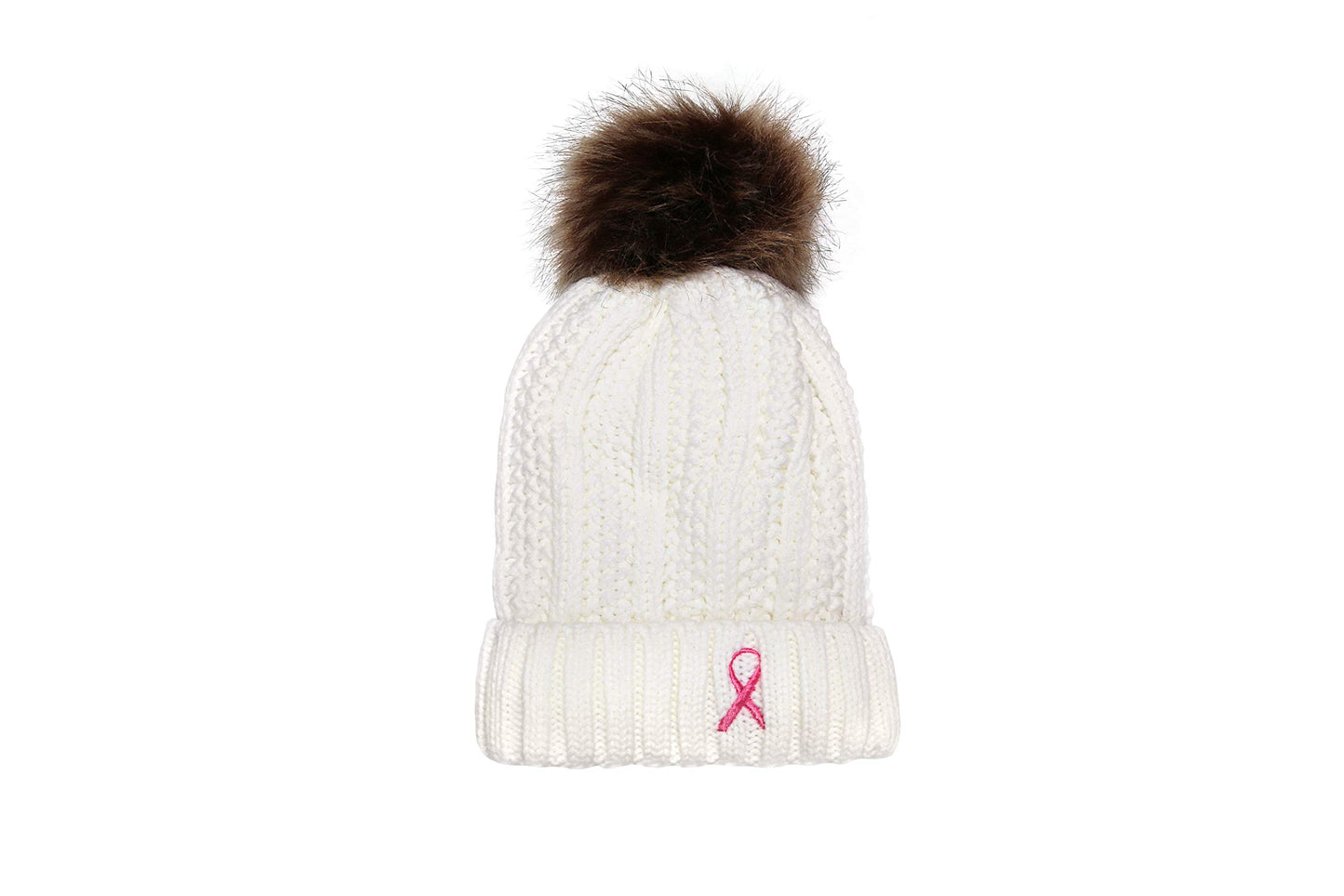 Women’s Winter Set, Knitted Beanie with Pompom and Gloves, Pink Ribbon Breast Cancer Awareness (White Beanie and Pink Gloves)