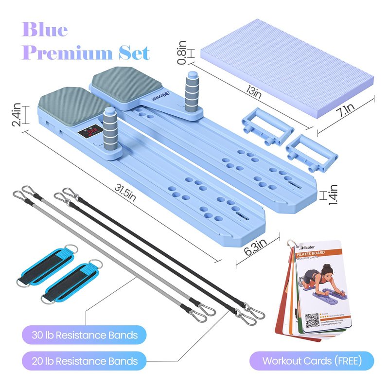 Nicoler Portable Pilates Reformer - Pilates Board 8-in-1 Multi-Functional Pilates Equipment with Workout Cards, 20lbs + 30lbs Resistance Bands, Ankle Straps for Home Workout, Fitness, Abs(Blue)