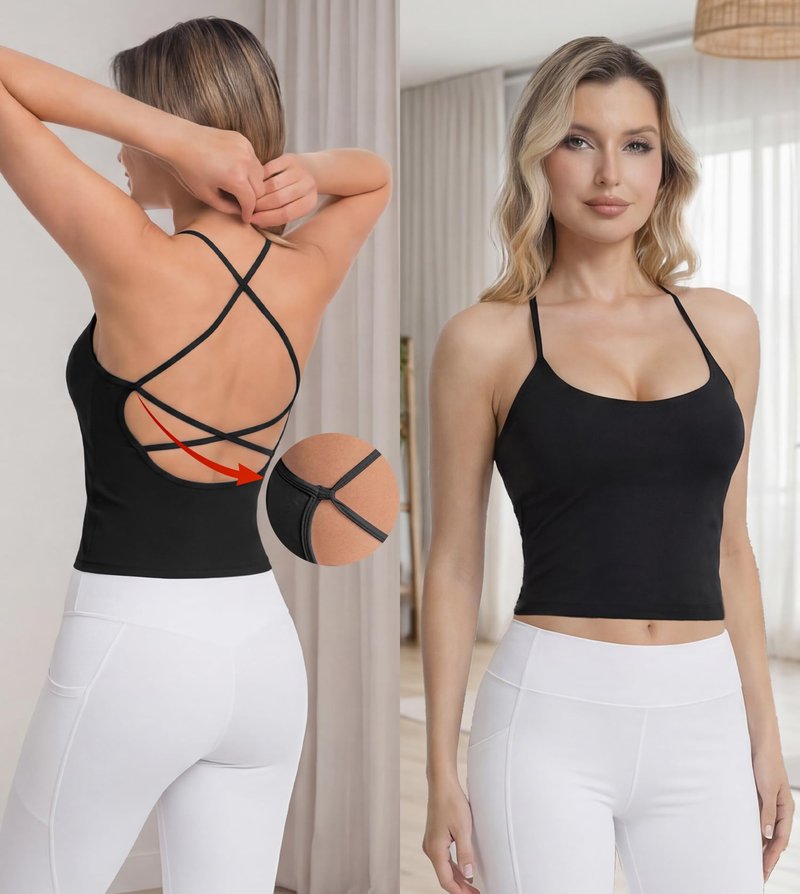 liuetssory Women's Workout Tank Tops with Built in Bras Criss Cross Strap Tank Backless Athletic Yoga Gym Tops Slim-fit Black