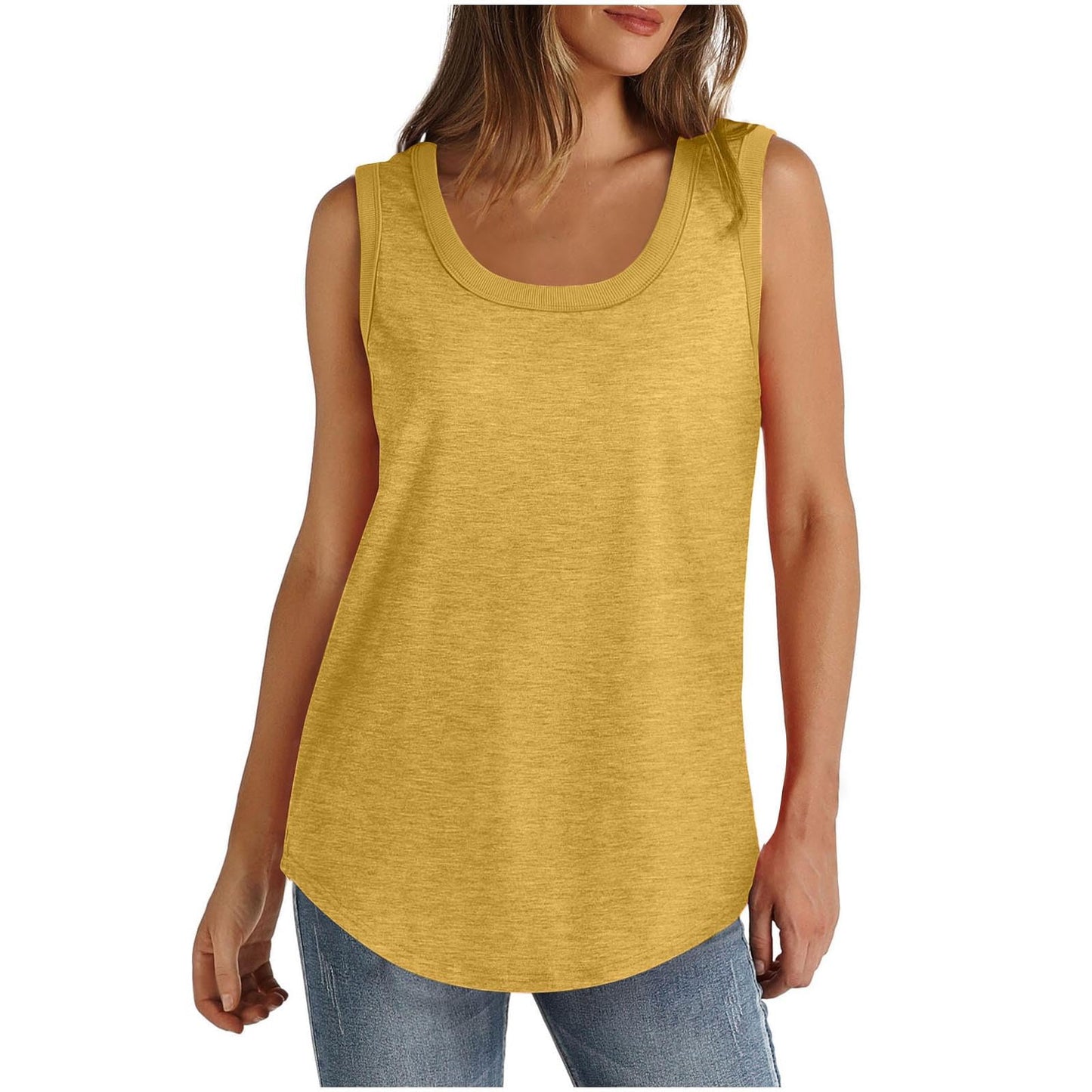 Generic Tunic Shirts for Women Scoop Neck Flowy Tank Tops Dressy Casual Summer Sleeveless Tanks Hem 2024 Trendy Tops Yellow, X-Large