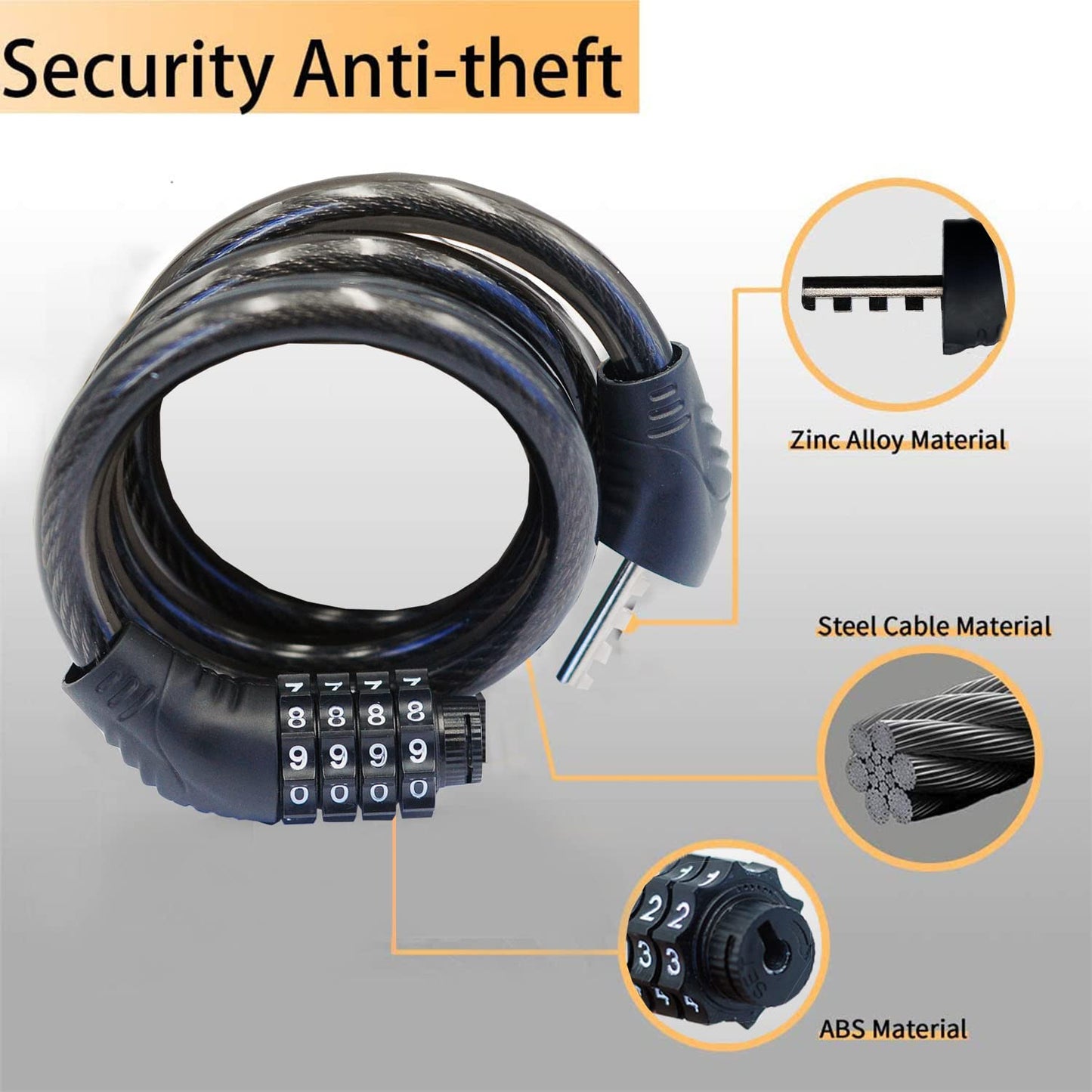 Jokmae Long Coiled Security Resettable Combination Bike Cable 4 Digit Lock, Anti-Theft Accessories for Mountain and Road Bike, Electric Bicycle, Scooter, 32 inch