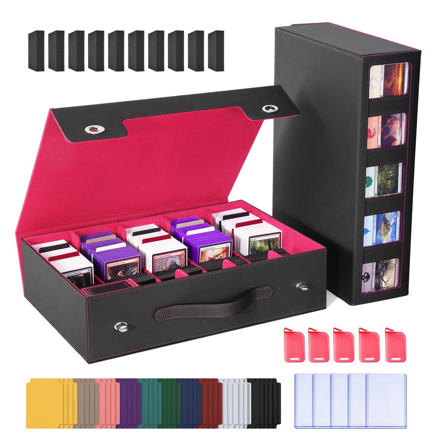 UAONO Trading Card Storage Box with Commander Display, 5 Row Magic Card Box with Handle & Aluminum Alloy Locking for 3900+ Unsleeved Cards Suits for MTG PTCG TCG Sports Cards (Black Red)